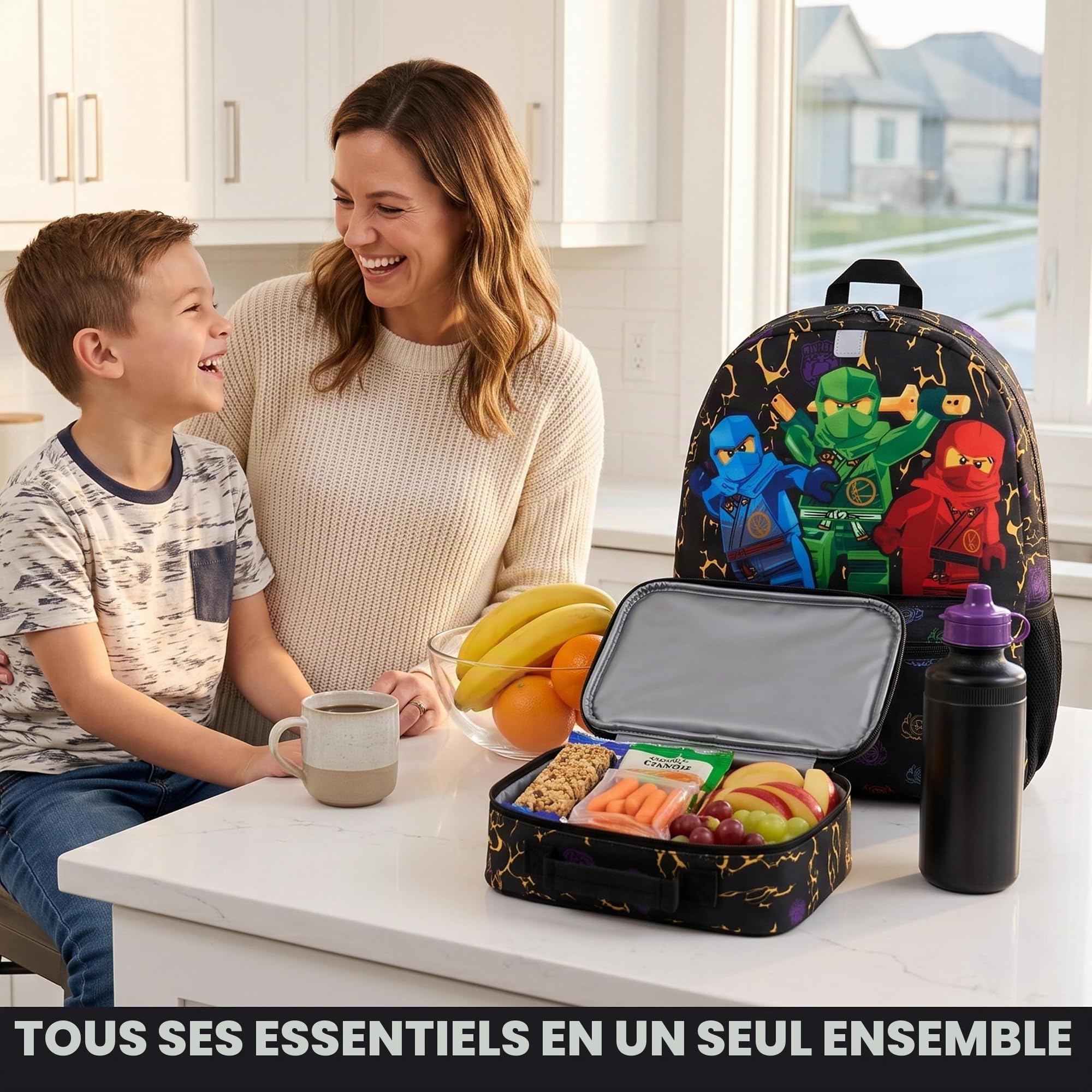 Get Trend Lego Ninjago Sac a Dos Garcon Set, 4 Pcs Grand Cartable Enfant 46cm, Trousse Scolaire, Sac Isotherme Repas et Gourde sans BPA (Multi Lego)