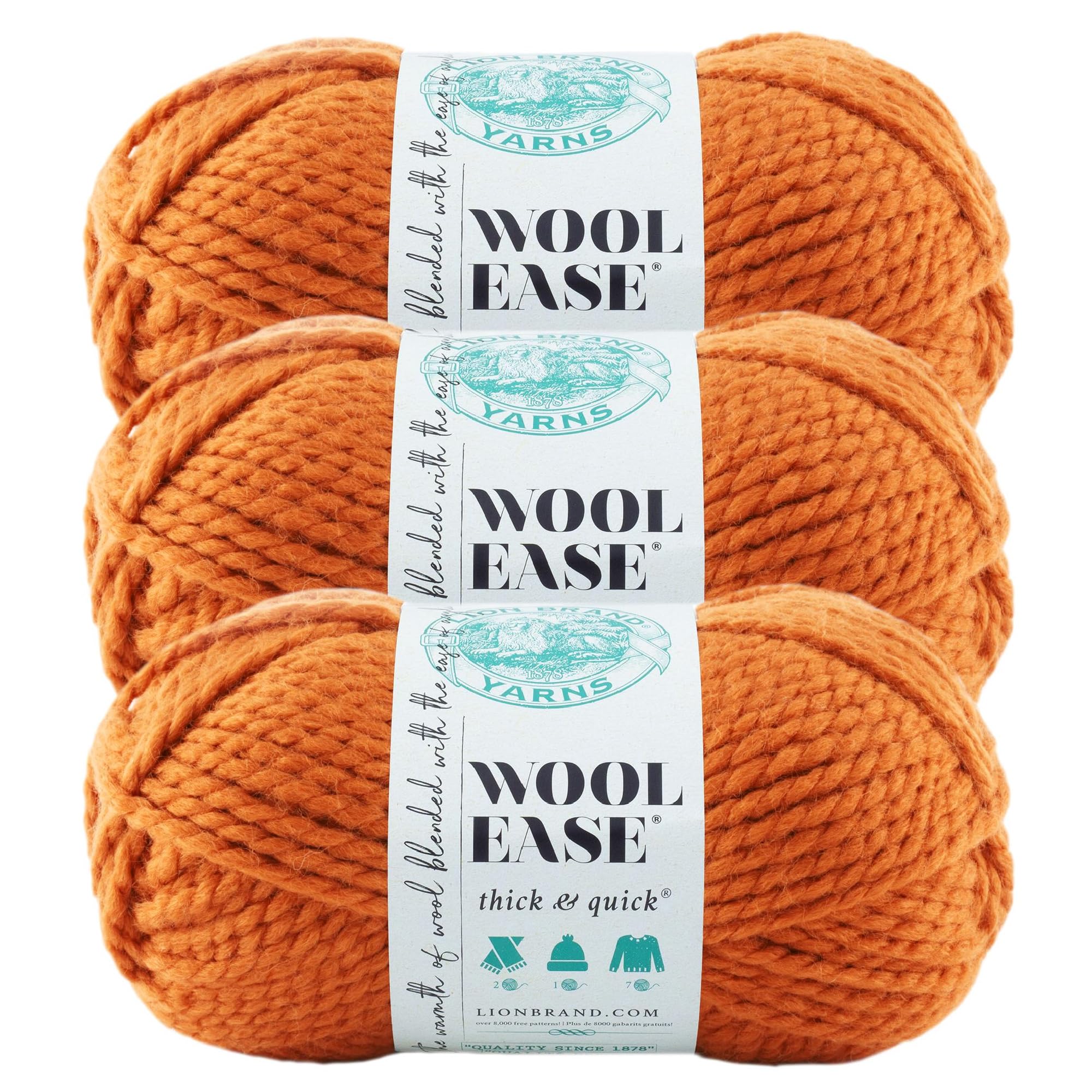 Lion Brand Yarn Wool-Ease Thick &amp; Quick Yarn, Soft and Bulky Yarn for Knitting, Crocheting, and Crafting, 3 Pack, Pumpkin