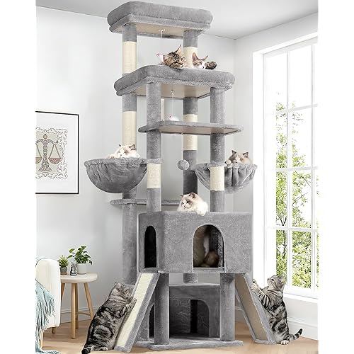 Globlazer Heavy Duty Cat Tree 78 inch Sturdy Cat Tower for 20lbs Large Adult Cats, Symmetrical Aesthetic Big Cat Tree with Extra Large Platform, 2 Scratching Boards, Z78, Light Grey
