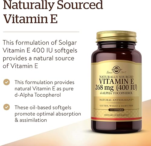 Vista 3 de Solgar Vitamina E 268 mg (400 UI), 360 cápsulas blandas alfa - Antioxidante natural, apoyo para la piel y el sistema inmunológico - Vitamina E