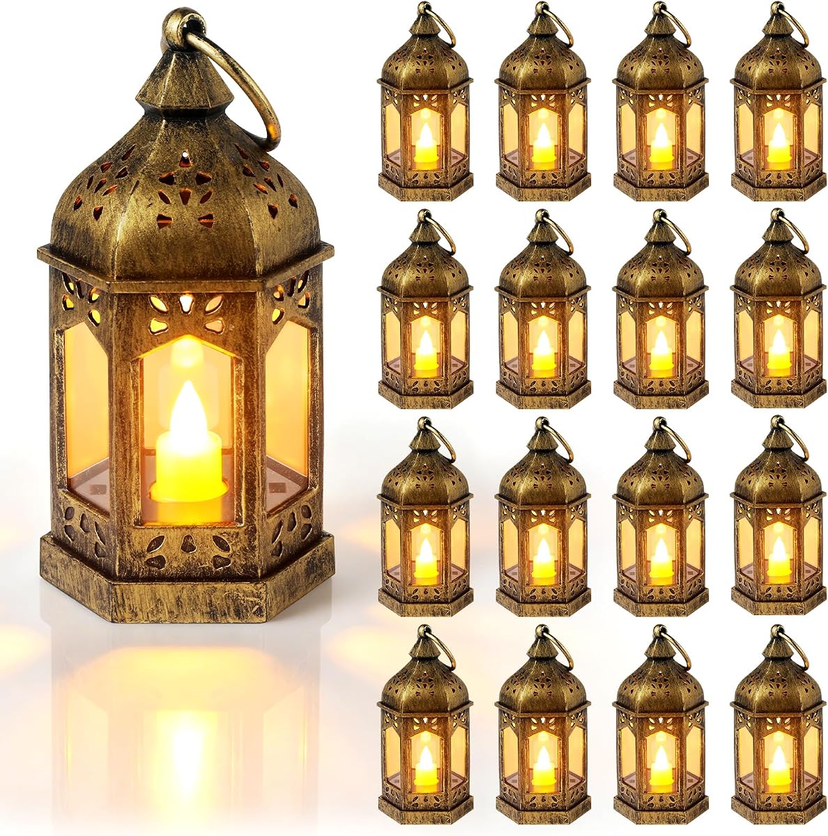 16 piezas de mini linternas vintage decorativas para centros de mesa | Linternas marroquíes colgantes con velas LED parpadeantes para bodas, Halloween, Navidad, decoración del hogar y fiestas, con pilas