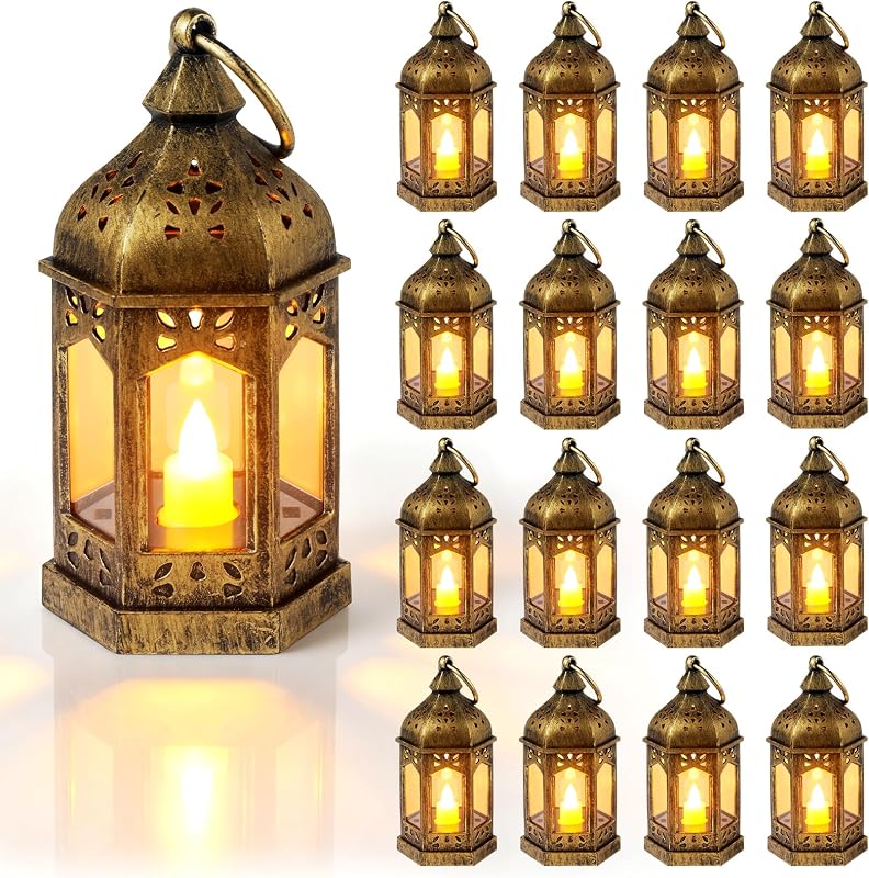 16 Pcs Vintage Mini Lanterns Decoration for Centerpieces | Hanging Moroccan Lanterns with Flickering LED Candles for Wedding, Halloween, Christmas, Home & Party Decor, Battery Powered