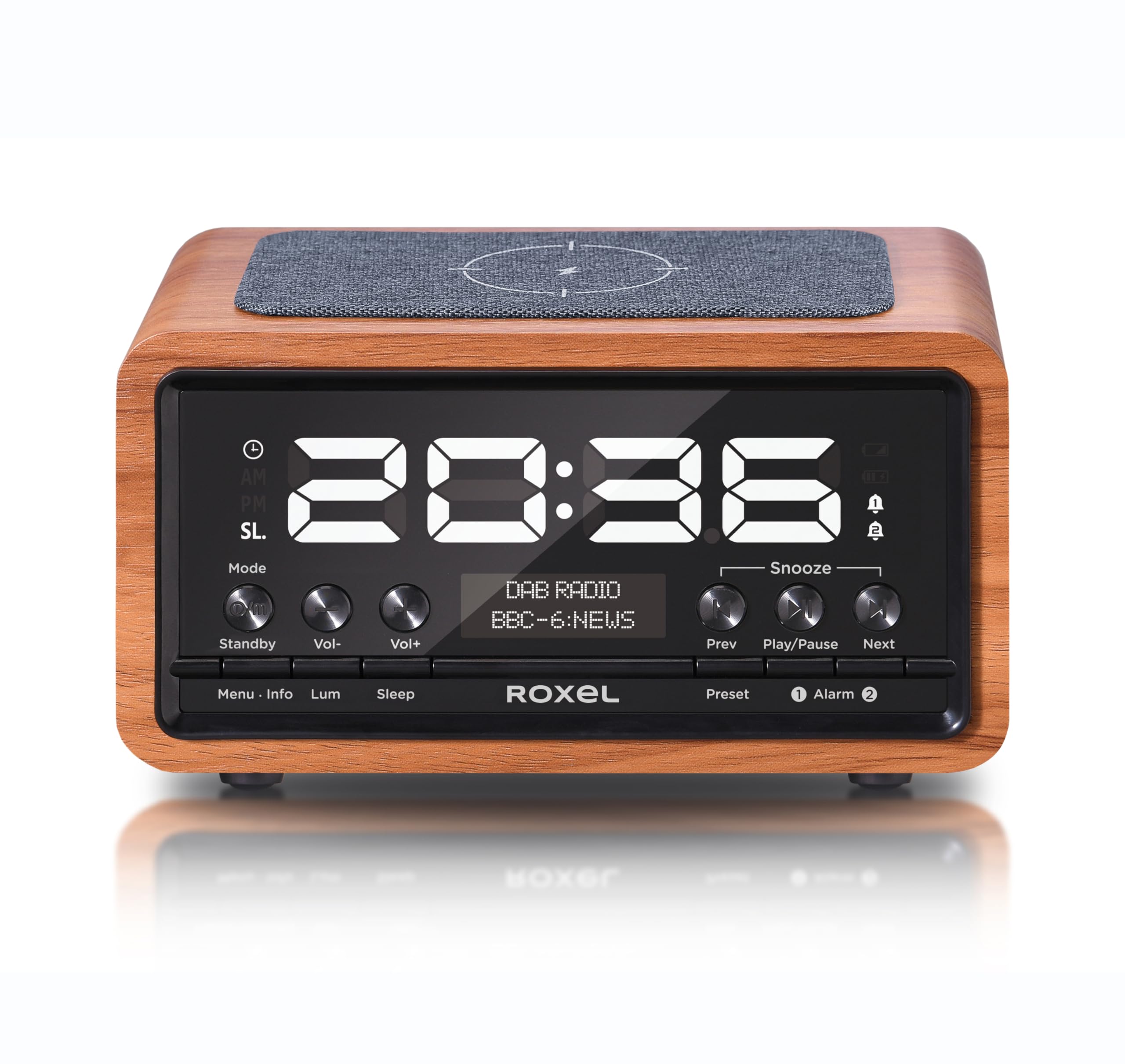 Roxel Walnut Nod Dab Radio, Dab+ & Fm Radio, Alarm Clock, Wireless Qi Charging Large Digit Display Dual Bedside Alarm Clock With Bt Wireless Streaming 5.0 (Walnut)