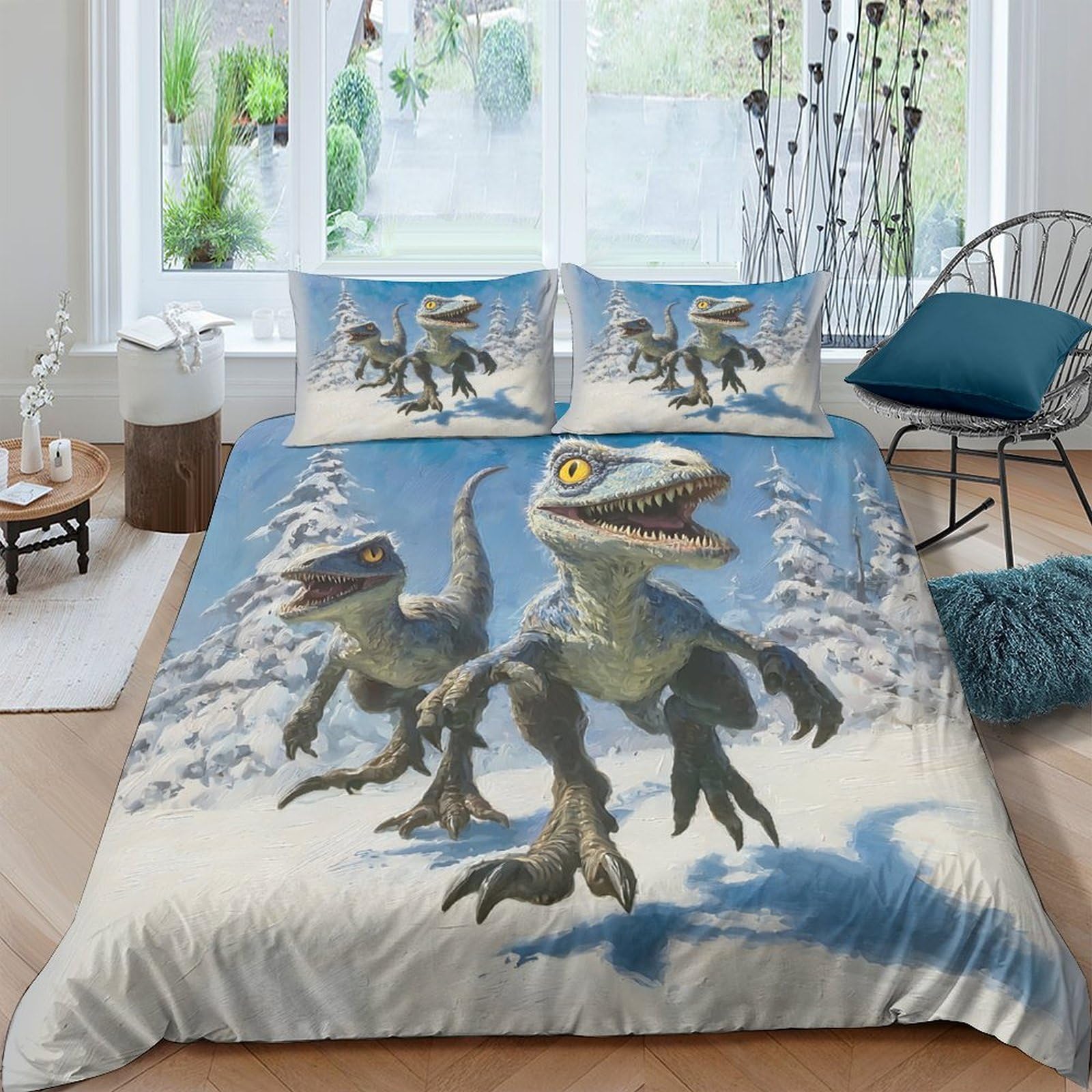Ctjqhvkz Style-4 3D Printed Cartoon Dinosaur Fitted Sheet Microfiber Soft Blue Forest Bed Cover For Bedroom Dorm Mattress Decor 115 Single（135X200cm）