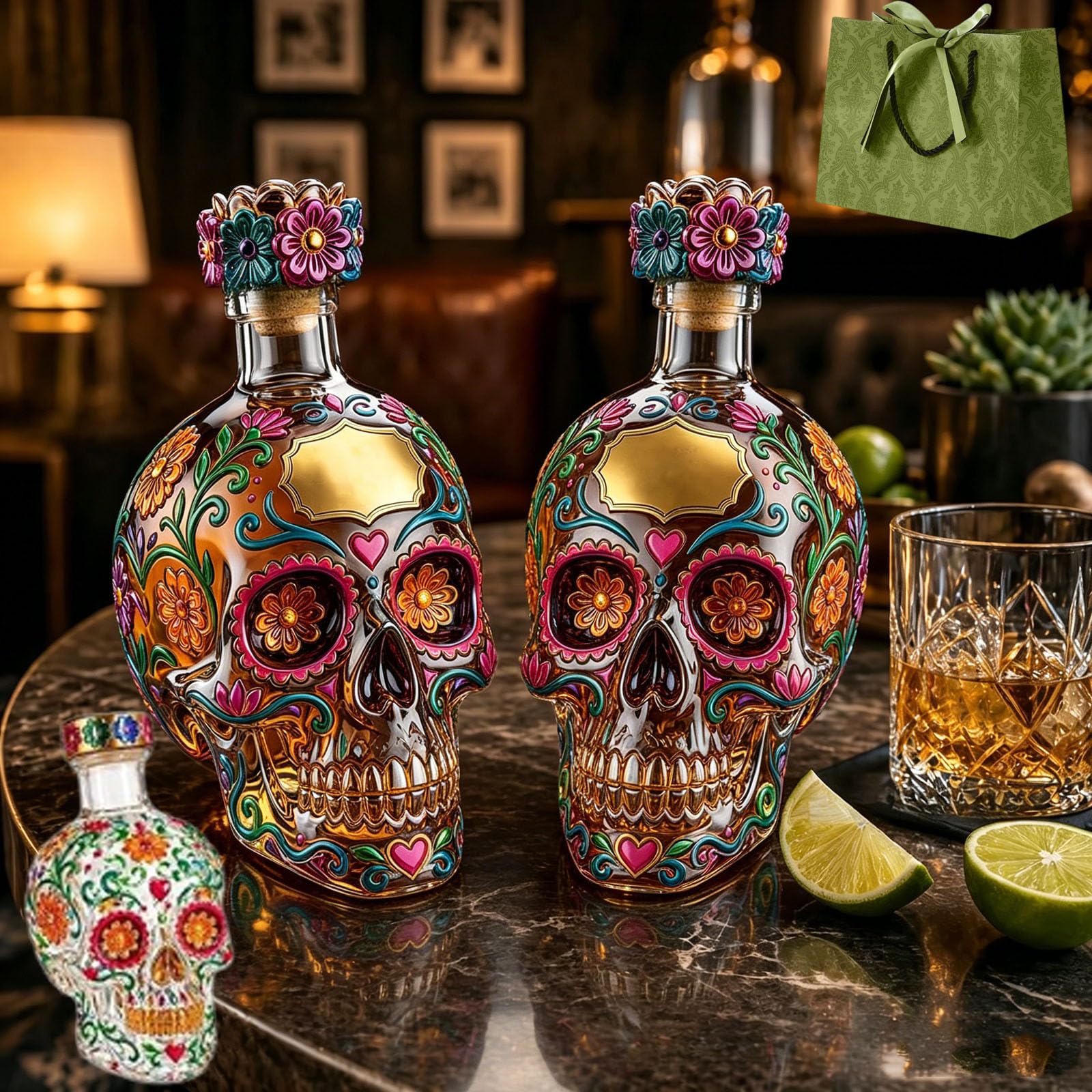 Bottiglia di tequila del giorno dei morti, decanter teschio da 350 ml, bottiglia di tequila vintage del giorno dei morti per la casa, decorazioni per bar, festa di Halloween (2pcs)