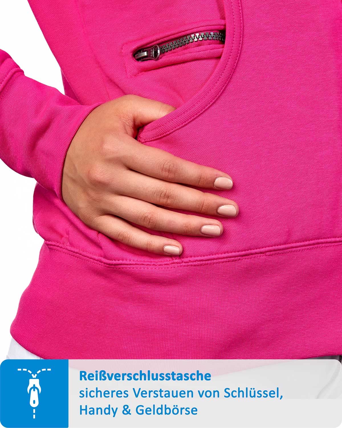 Damen Sweatjacke mit Kapuze & langem Reißverschluss - Kapuzenjacke Regular Fit aus Baumwollmischung 300g/m² - Zwei Taschen & Reißverschlussfach, Fleece innen, Sweatshirtjacke sportlich, bequem