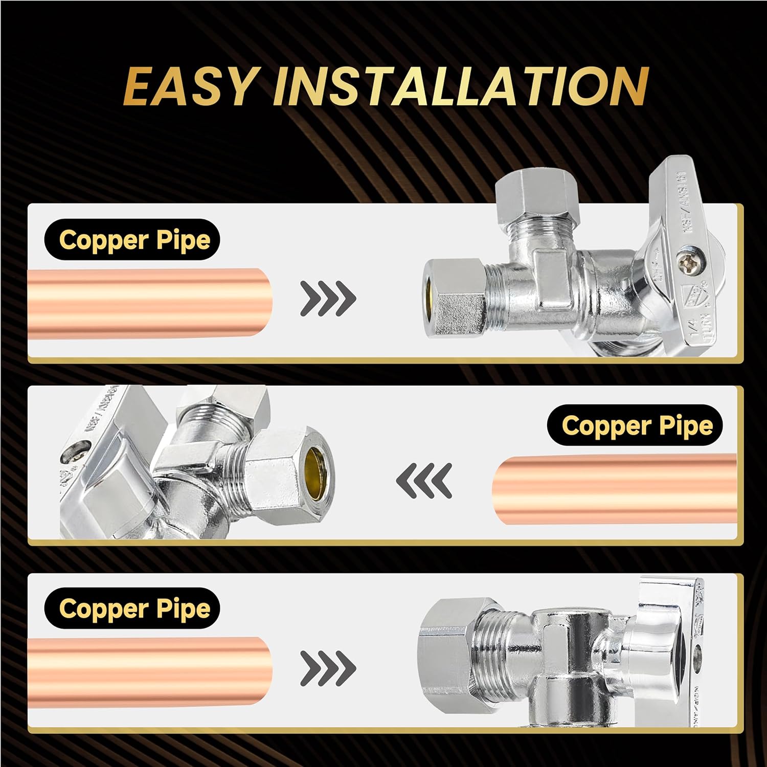 5-Pack Foskan Compression Split Angle Stop Valve,1/4 Turn Shut off Valve 1/2" Nom (5/8" OD) x 3/8" OD x 3/8" OD,Chrome Plated Brass