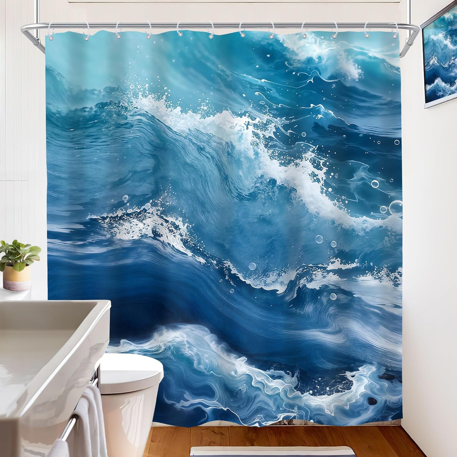 Imirell Extra Long Ombre Blue Ocean Wave Shower Curtain 72Wx84H Inches Abstract Beach Sea Nature Landscape Summer Hawaii Scenery Simple Modern Fabric Waterproof Polyester with 12 Pack Hooks Plastic