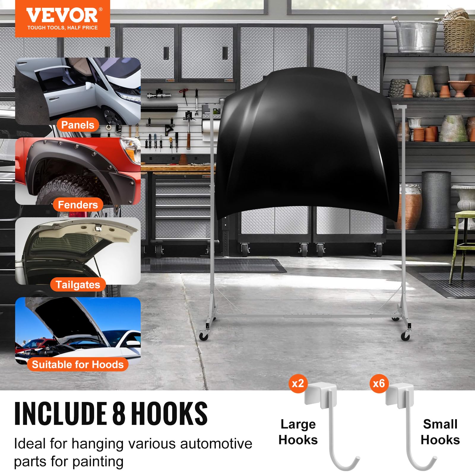 VEVOR Supporto per Verniciatura, Altezza Regolabile da 1,5 a 2,1 m Supporto per Carrozzeria per Auto con 8 Ganci, 4 Ruote Girevoli, Capacità di 30 kg per Officine di Riparazione Auto e Garage, Bianco