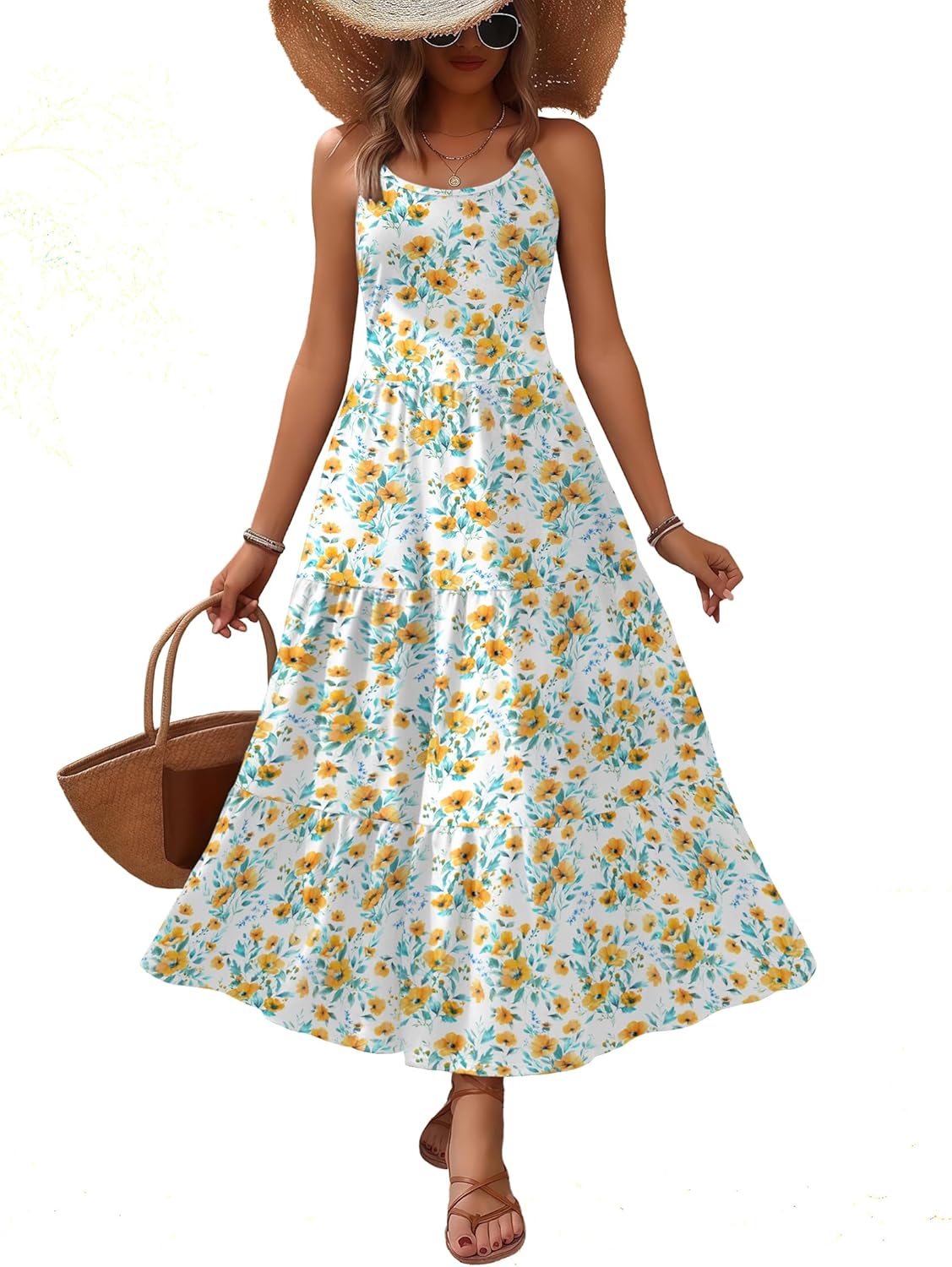 Zeagoo Womens Summer Long Dress Adjustable Spaghetti Strap Floral Casual Dress with Pockets Flowy Tiered Beach Sundress