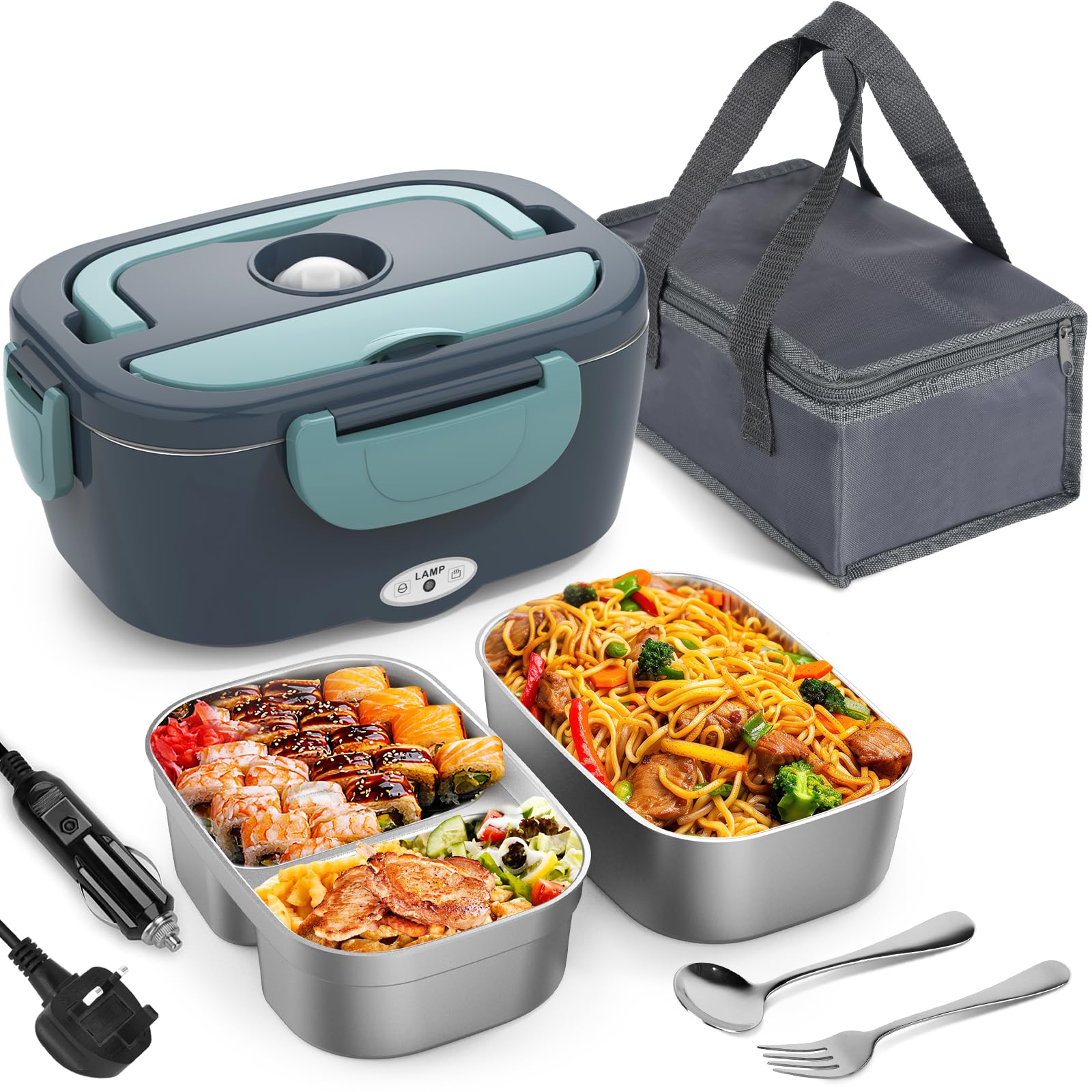 Herrfilk 80W Electric Lunch Box Food Heater, Thermal Heated Lunch Boxes for Adults with Insulated Lunch Bag, 2 x 1.5 L Removable 304 SS Food Containers, Leakproof, 12V/24V/230V for Car Truck & Home