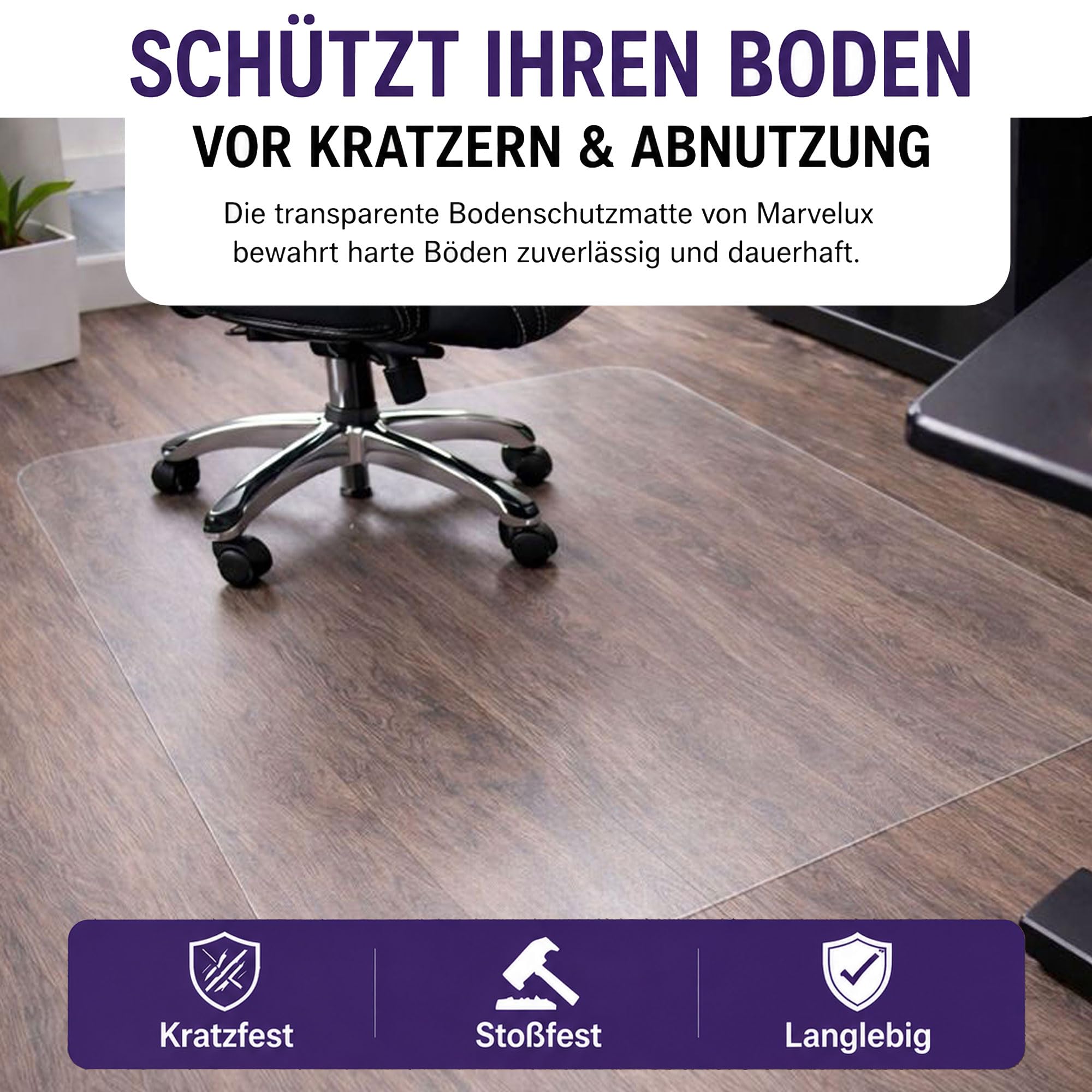 Marvelux Bodenschutzmatte Bürostuhl für Hartböden, Polycarbonat 116 x 200cm | XXL Bodenmatte Bürostuhlunterlage, Transparent Schreibtischstuhl Unterlage, langlebig und bruchsicher, leichtgängiges Rollen