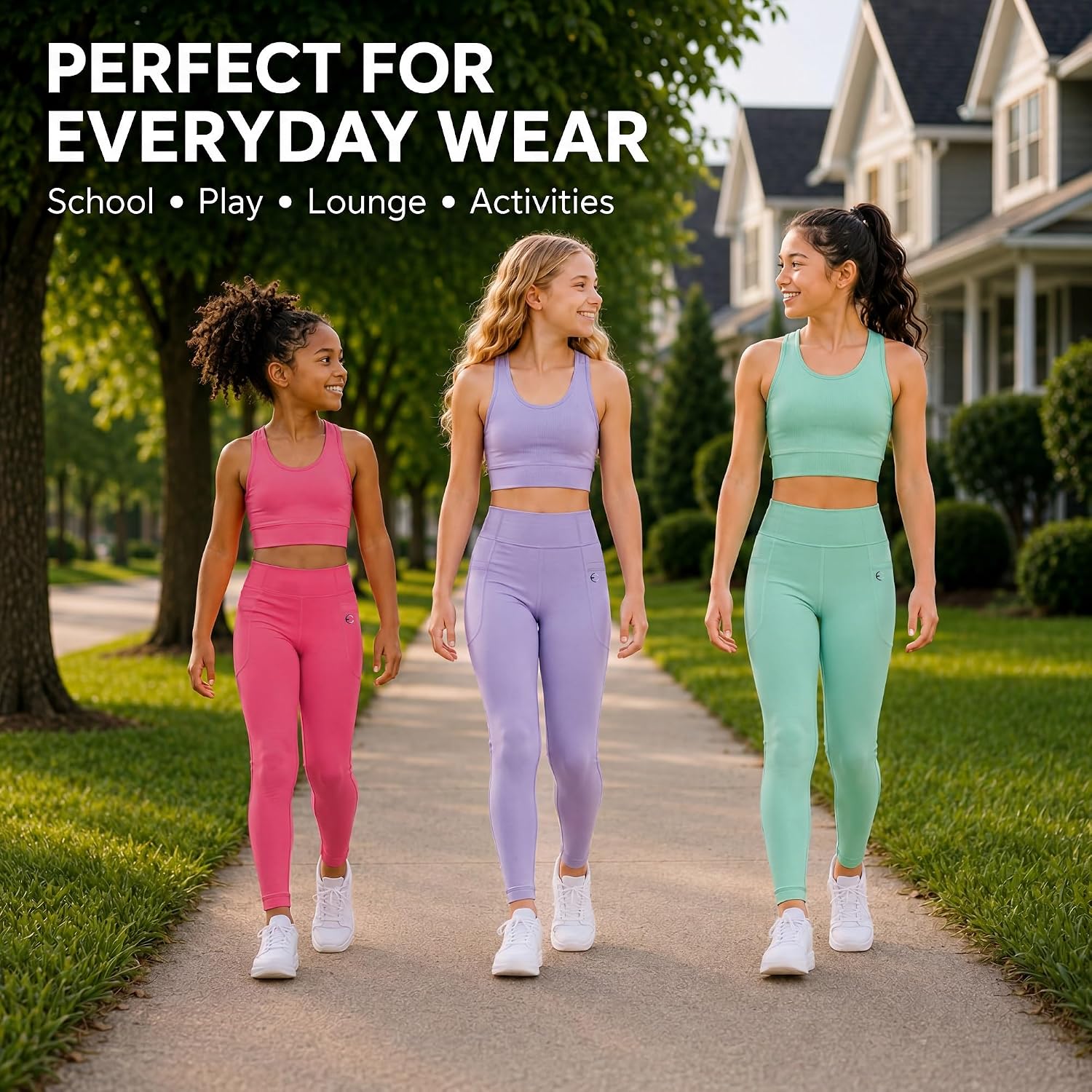 3-Pack Leggings for Girls w/Pockets - High Waisted Running Yoga Pants, Full Length Athletic for Kids & Teens 3-16