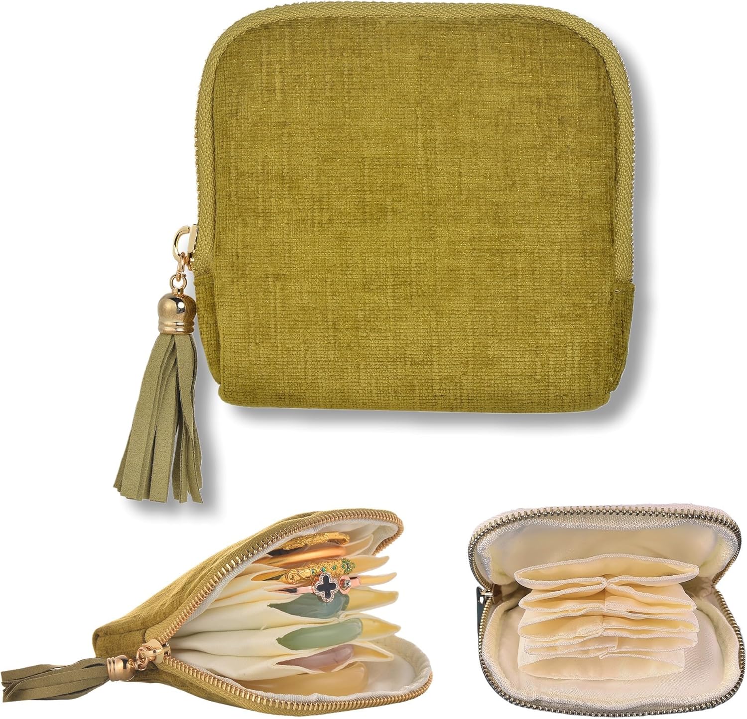 Small Travel Jewelry Case, Soft Velvet Organizer Pouch for Bangle, Bracelets, Large Earrings, Beaded necklace, Anti-Scratch & Portable Jewelry Bag Holder for Travel & Everyday Use (Olive Green)