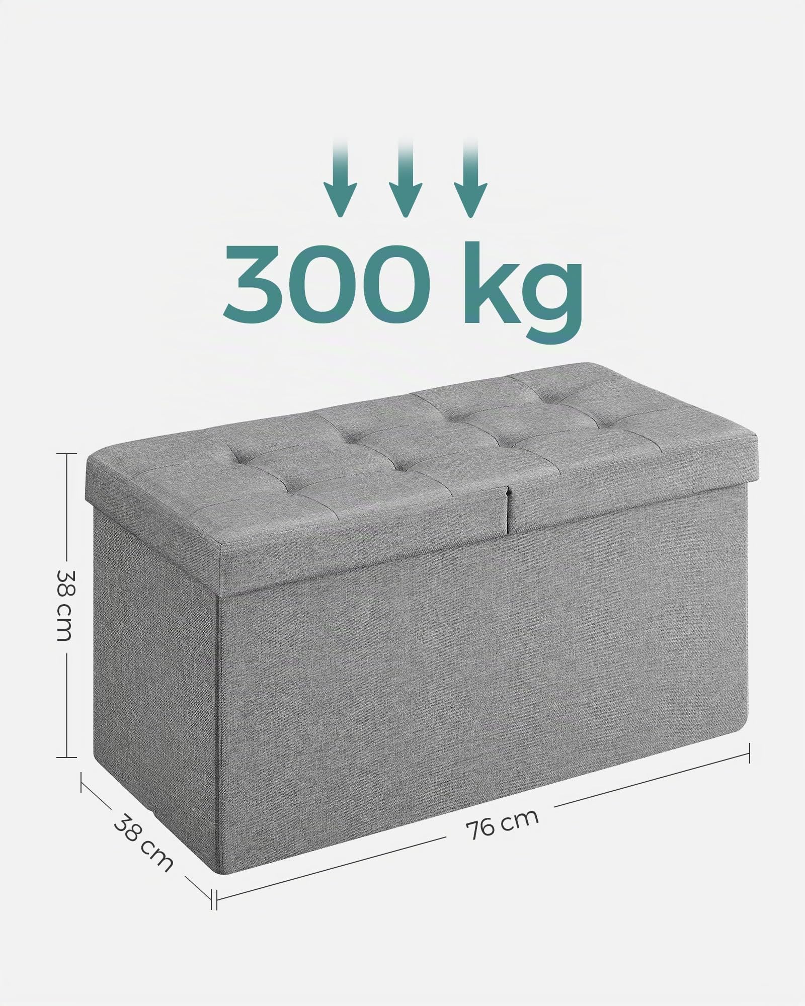 SONGMICS Puff Almancenaje, Banco Almacenaje Plegble, 38 x 76 x 38, Tapa Abatible, Taburete con Reposapiés, Carga de 300 kg, para Entrada Sala de Estar, Dormitorio, Gris Ceniza LSF41G