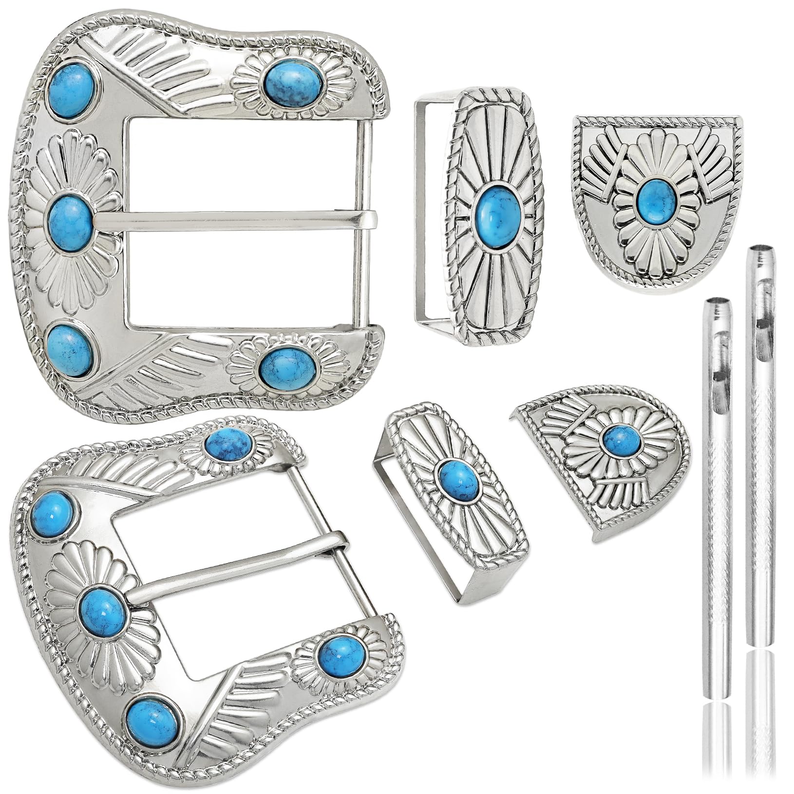 6 Pieces Cowboy Replacement Belt Buckle Set 1.5"(38mm) Strap Western Floral Engraved Silver Buckles for Men Women