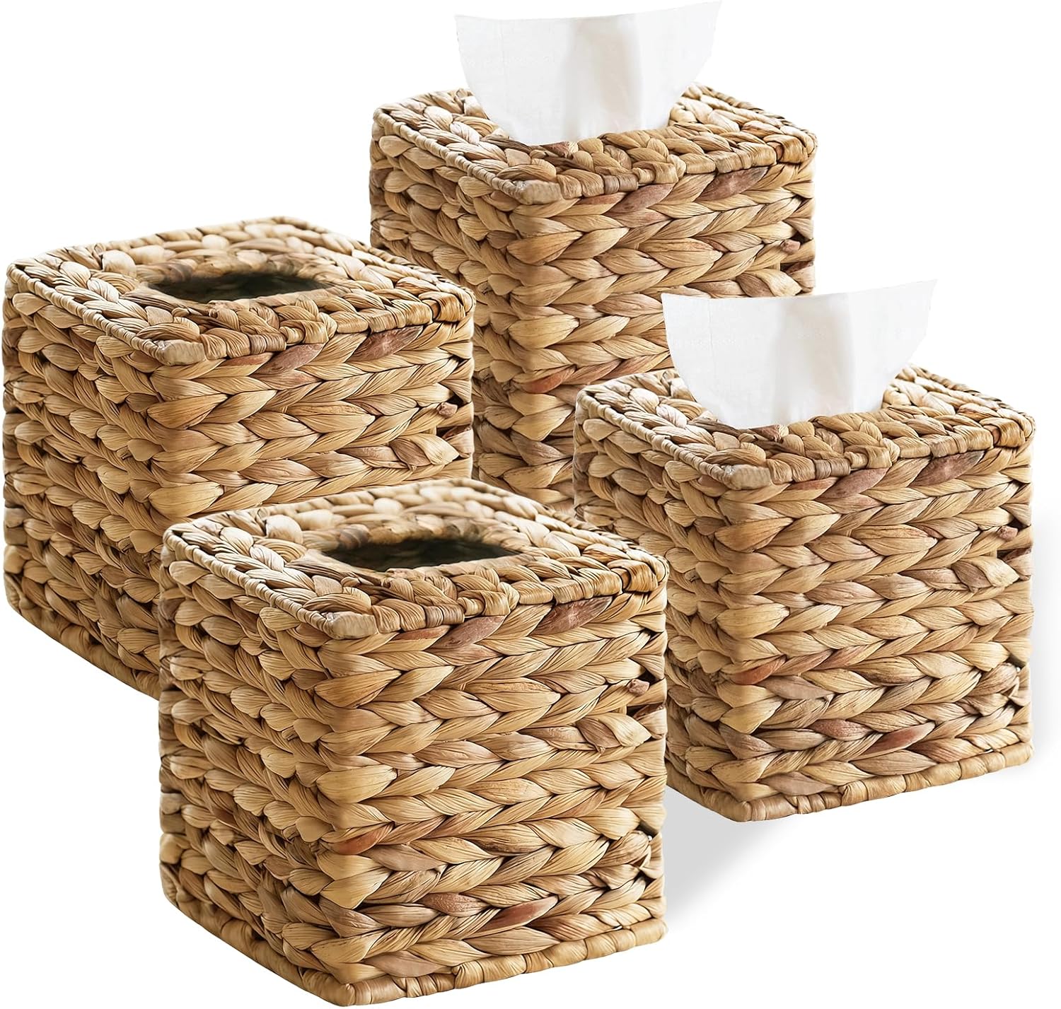 S310 4 Pack Wicker Tissue Box Cover Square, Rattan Tissue Box Holder Facial Tissues Boxes, Hand Woven Decorative Tissue Covers Tissue Holders for Bathroom Bedroom Desk Office