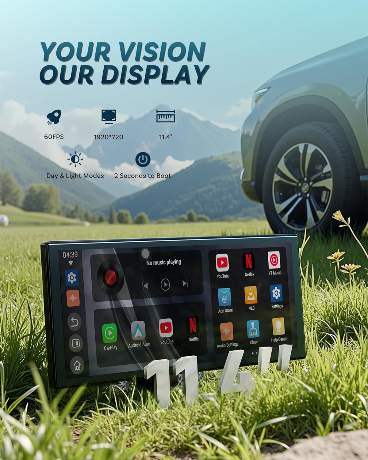 Image highlighting the 11.4-inch HD display of the OTTOCAST ScreenFlow with specifications like 60FPS and 1920x720 resolution.