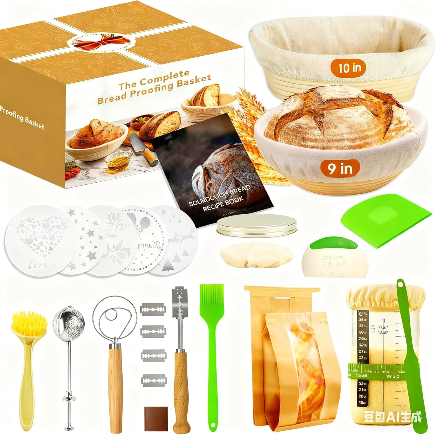 Sourdough starter kit with round and oval proofing baskets, bread sling, fermenter, dough mixer, scraper, mold, complete tool set and bag for complete sourdough bread baking supplies