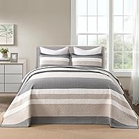 Vista 9 de Finlonte Juego de colcha 100% algodón sobreizado tamaño Queen, colcha acolchada reversible ligera a rayas, 3 piezas, marrón, tamaño Queen