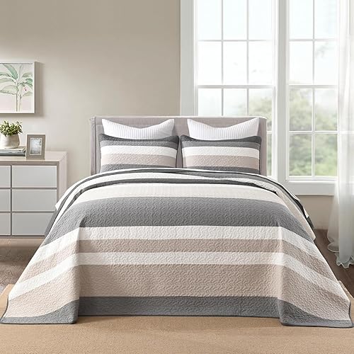 Miniatura 9 de Finlonte Juego de colcha 100% algodón sobreizado tamaño Queen, colcha acolchada reversible ligera a rayas, 3 piezas, marrón, tamaño Queen