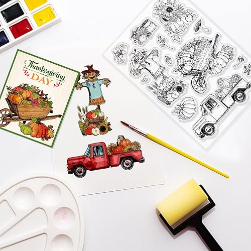 Miniatura 4 de ORIGACH Sellos transparentes de cosecha de otoño, pastilla de espantapájaros de calabaza de otoño, hojas de girasol, sellos de silicona transparente