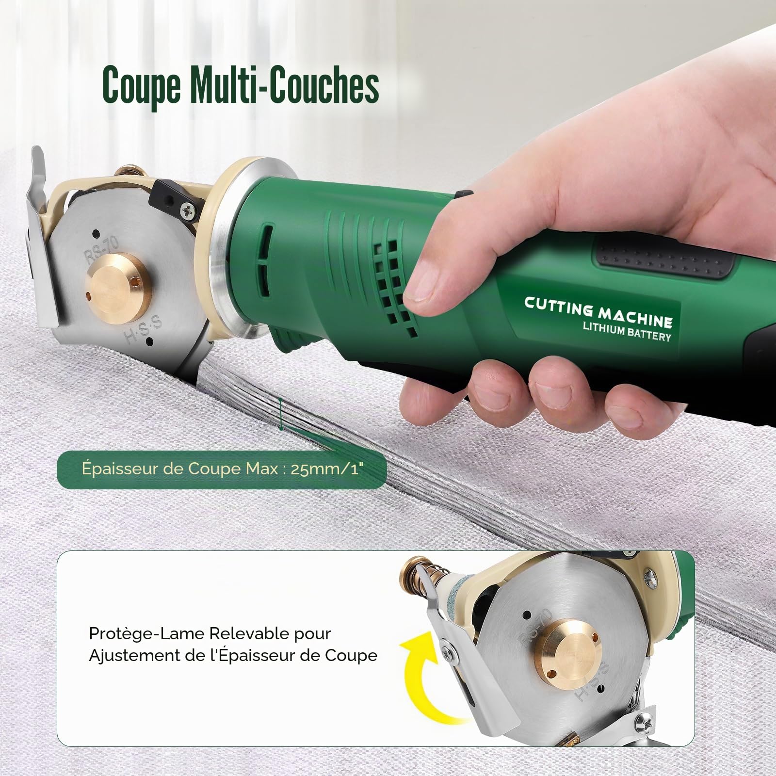 Portable Cutter Rotatif électrique 2000RPM 2000mAh ciseaux electrique épaisseur de coupe maximale 25mm pour couper le tissu/tapis/cuir/caoutchouc/carton (2 batterie）