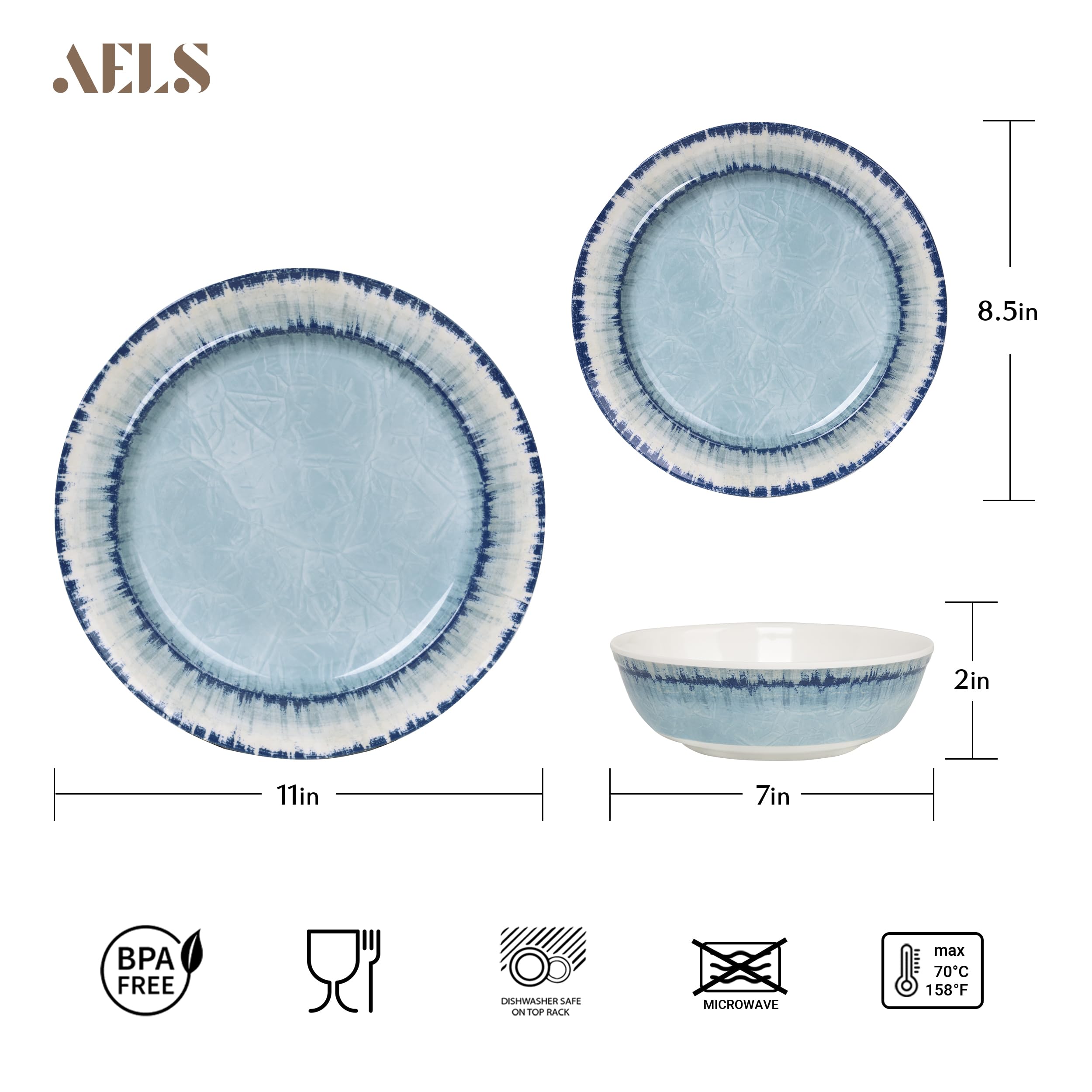 AELS Lot de 12 plats en mélamine pour intérieur et extérieur, passent au lave-vaisselle, légers, incassables, sans BPA, bleu clair