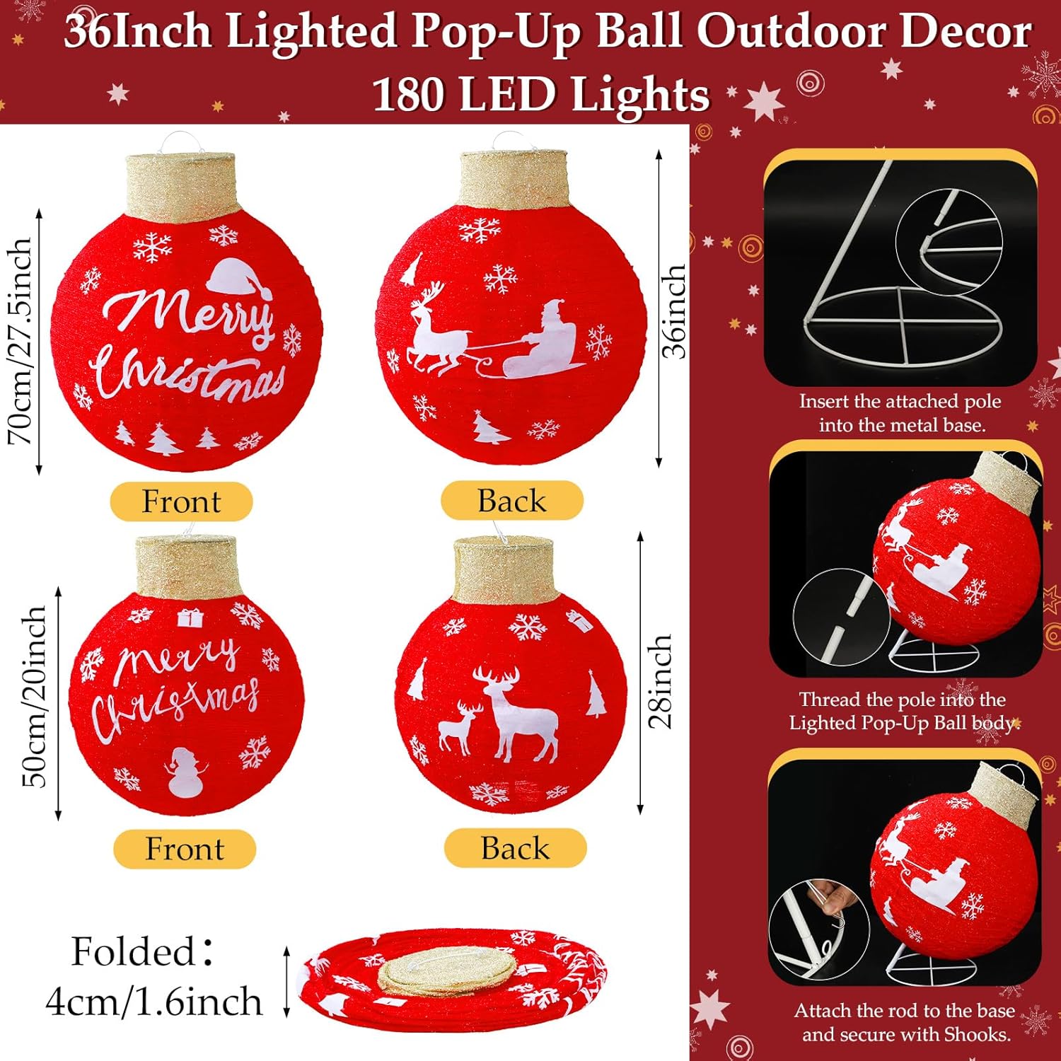 2 PCS Large Pop-Up Christmas Ball Ornaments Outdoor Decorations with Built-in 200 Led Lights Lighted Giant Xmas Ball for Yard Lawn Porch Garden Indoor Home Winter Holiday (Red)