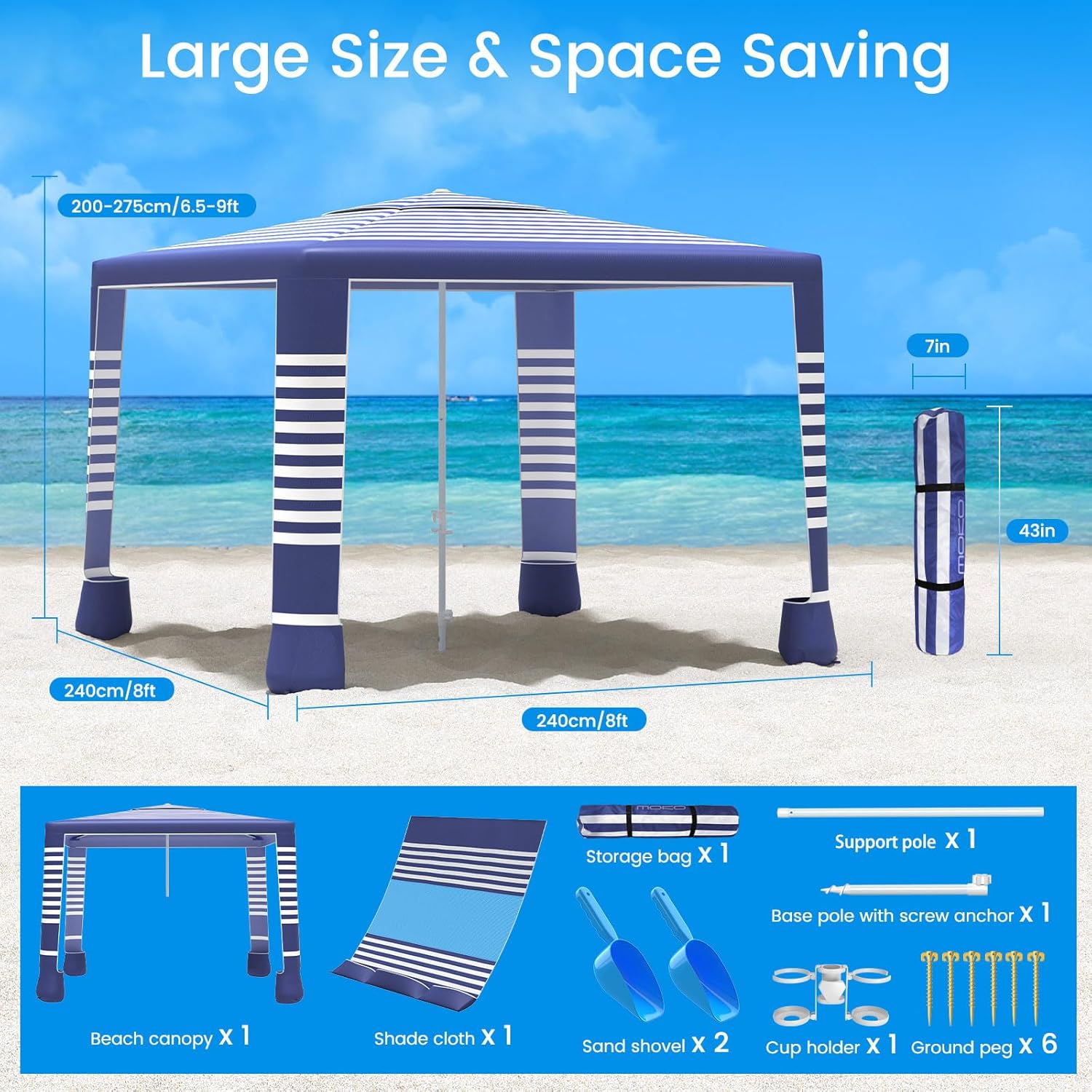 MoKo Beach Cabana, 8'×8' Large Beach Canopy with Side Wall, UPF 50  Protection Easy Setup Beach Tent Sun Shelter, Adjustable Height Wind Resistant Cabana Beach Tent for Whole Family, Navy Stripes