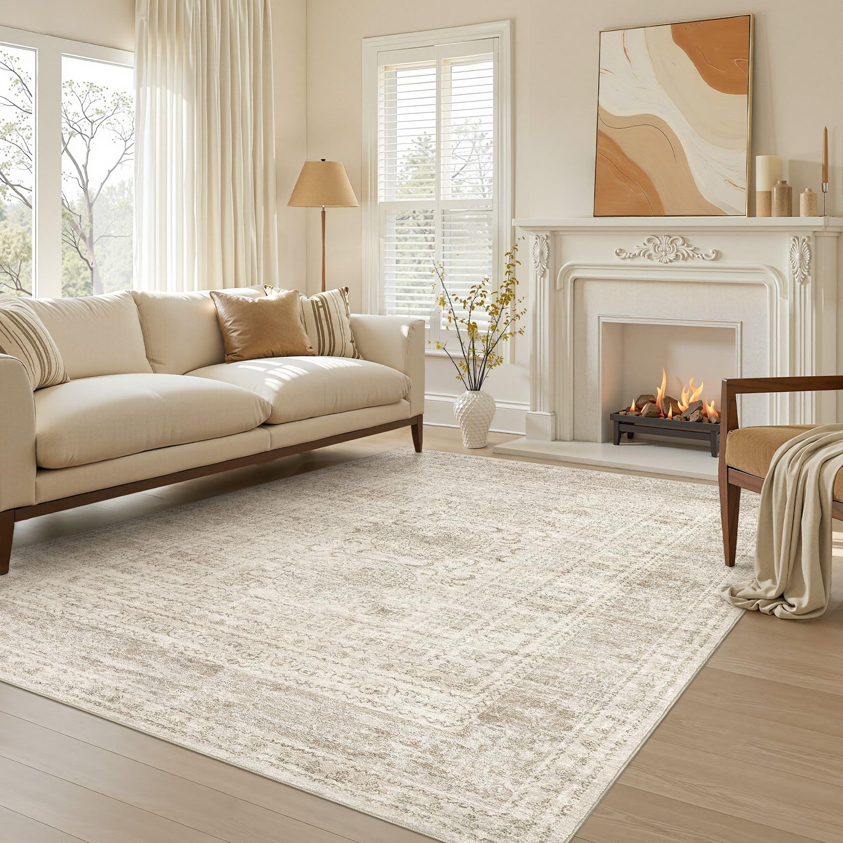 5x7 Area Rugs Living Room: Washable Large Vintage Beige Rug Neutral Non-Slip Soft Stain Resistant Indoor Carpet for Bedroom Nursery Dining Room Under Table Bed Home House Office Playroom — view 24