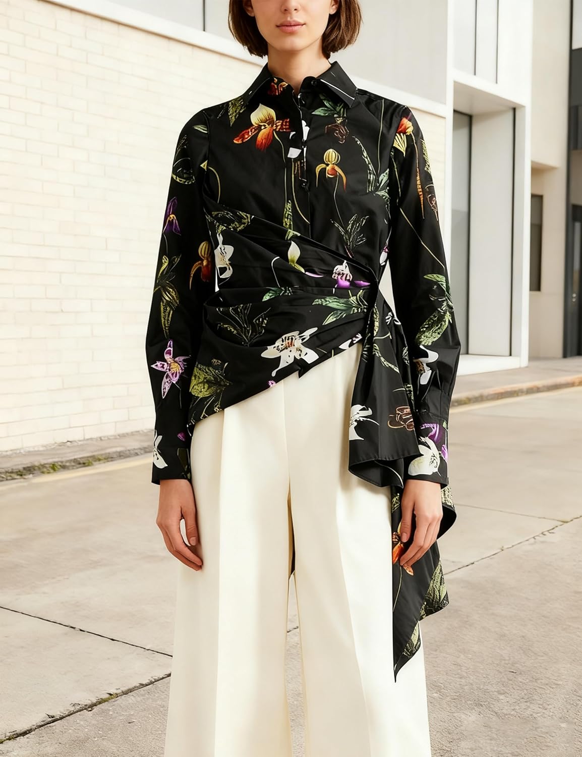 Women's Dressy Floral Long Sleeve Button Down Shirts Asymmetrical Irregular Hem Blouse Shirt Top - Image 5