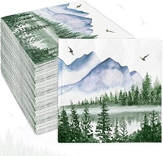 80 Pack Natural Scenery Paper Napkins Watercolor Disposable Napkins Mountain Lake Forest Decorative Luncheon Dinner Napkins for Party Supplies Table Decor, 6.5 x 6.5 Inch