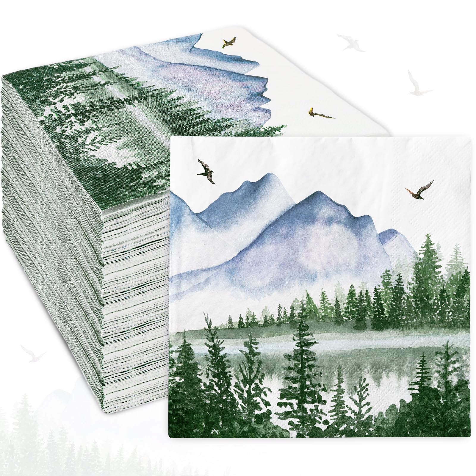 60 Stück Weihnachts-Servietten Mit Wald-Design – Hirsch, Tannen, Aquarell-Look, 2-lagig, 33x40 Cm Aufgeklappt, Für Festtafel, Party