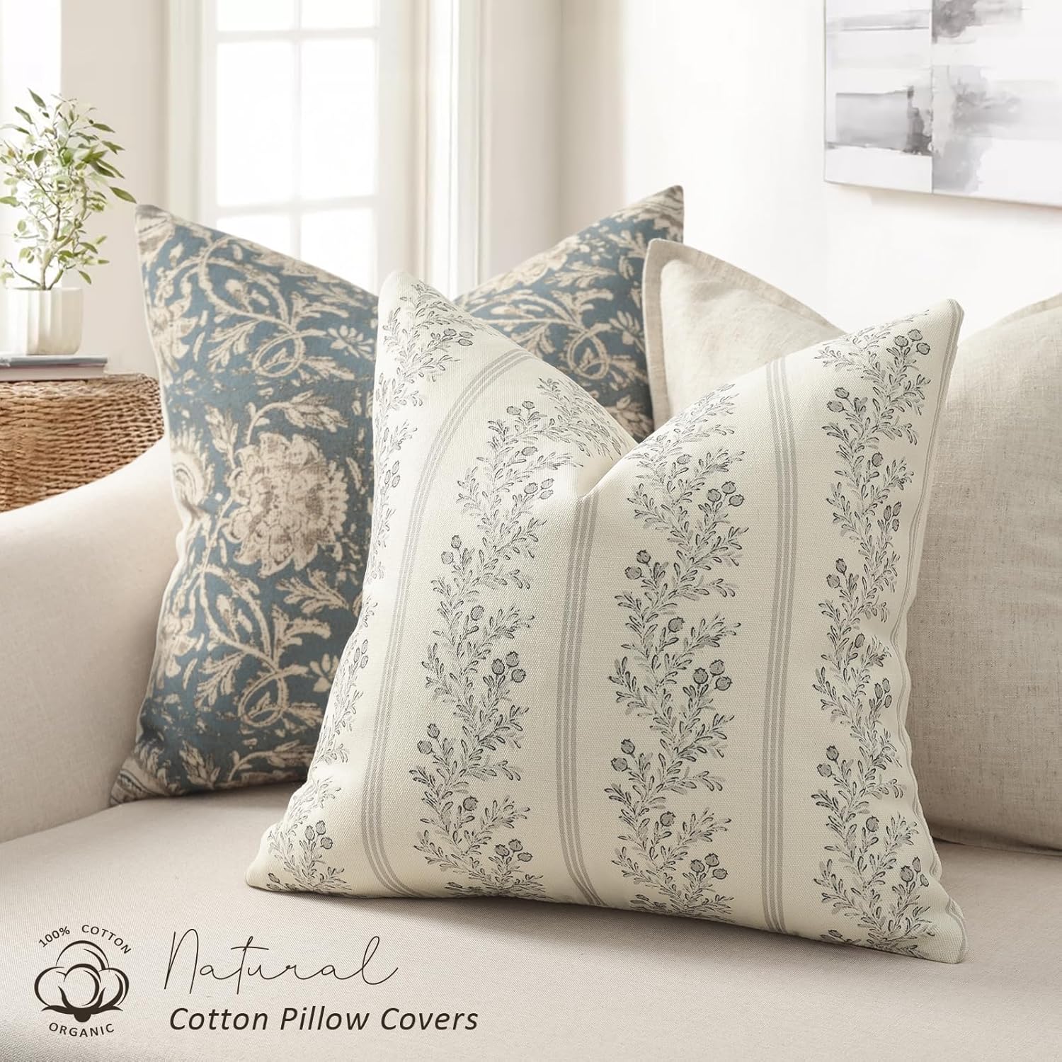 Vintage Throw Pillow Covers 18x18 Set of 2, Striped Floral Pillow Cover Botanical Patterned Decorative Cushion Covers Modern Farmhouse Home Decor for Sofa Couch Bed Living Room, Quiet Gray