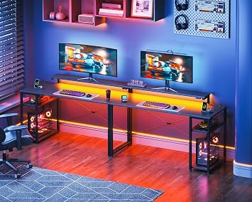 AODK Gaming Desk, Computer Desk with Rack & Outlet Included, 47.2 inches 120 cm Wide, Desktop PC Desk, Gaming Desk, Gaming Desk, Monitor Base & LED, Gaming Table, Left & Right Interchangeable