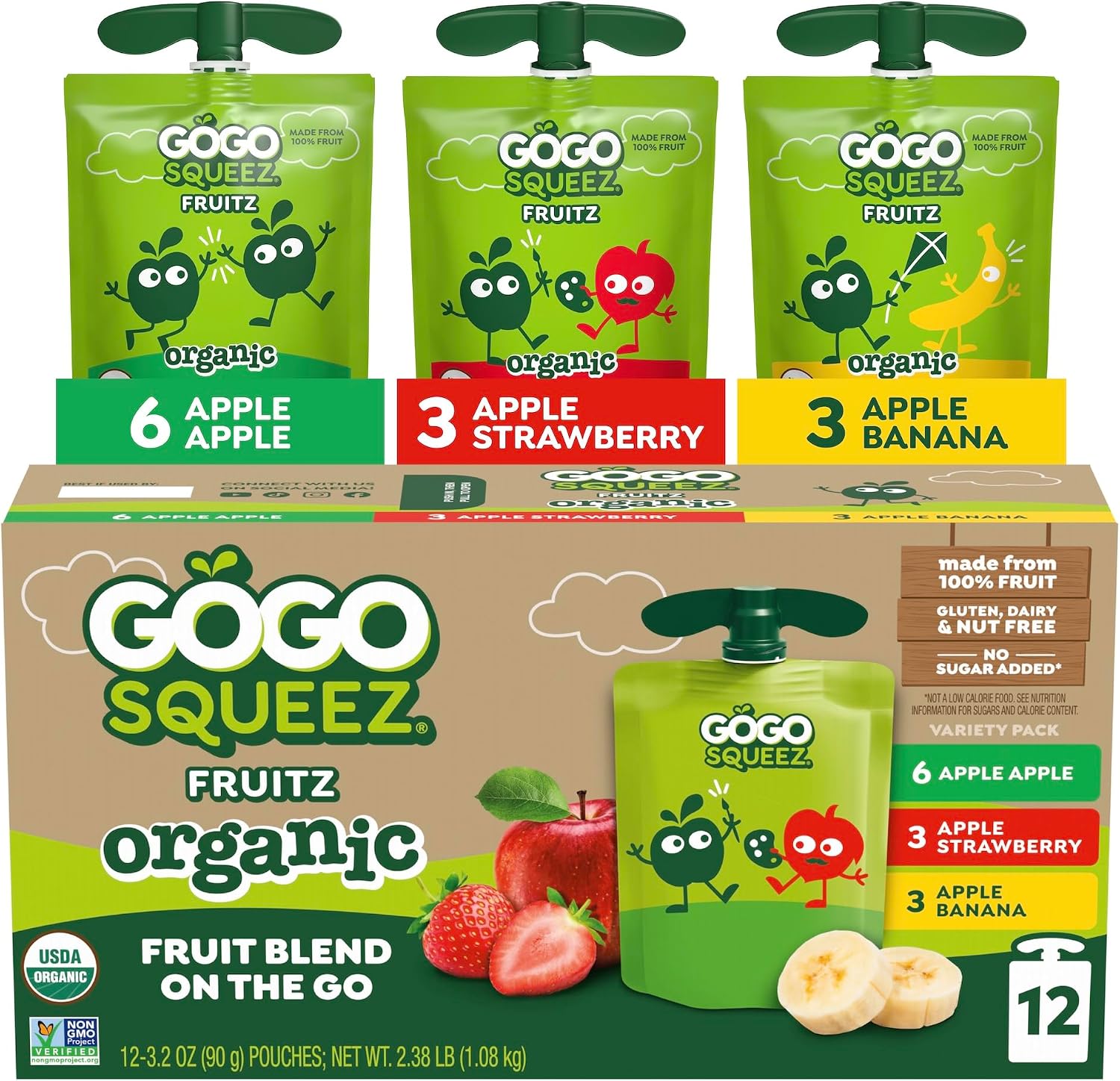 GoGo squeeZ No Sugar Added Organic Applesauce Variety Pack, 12 Count