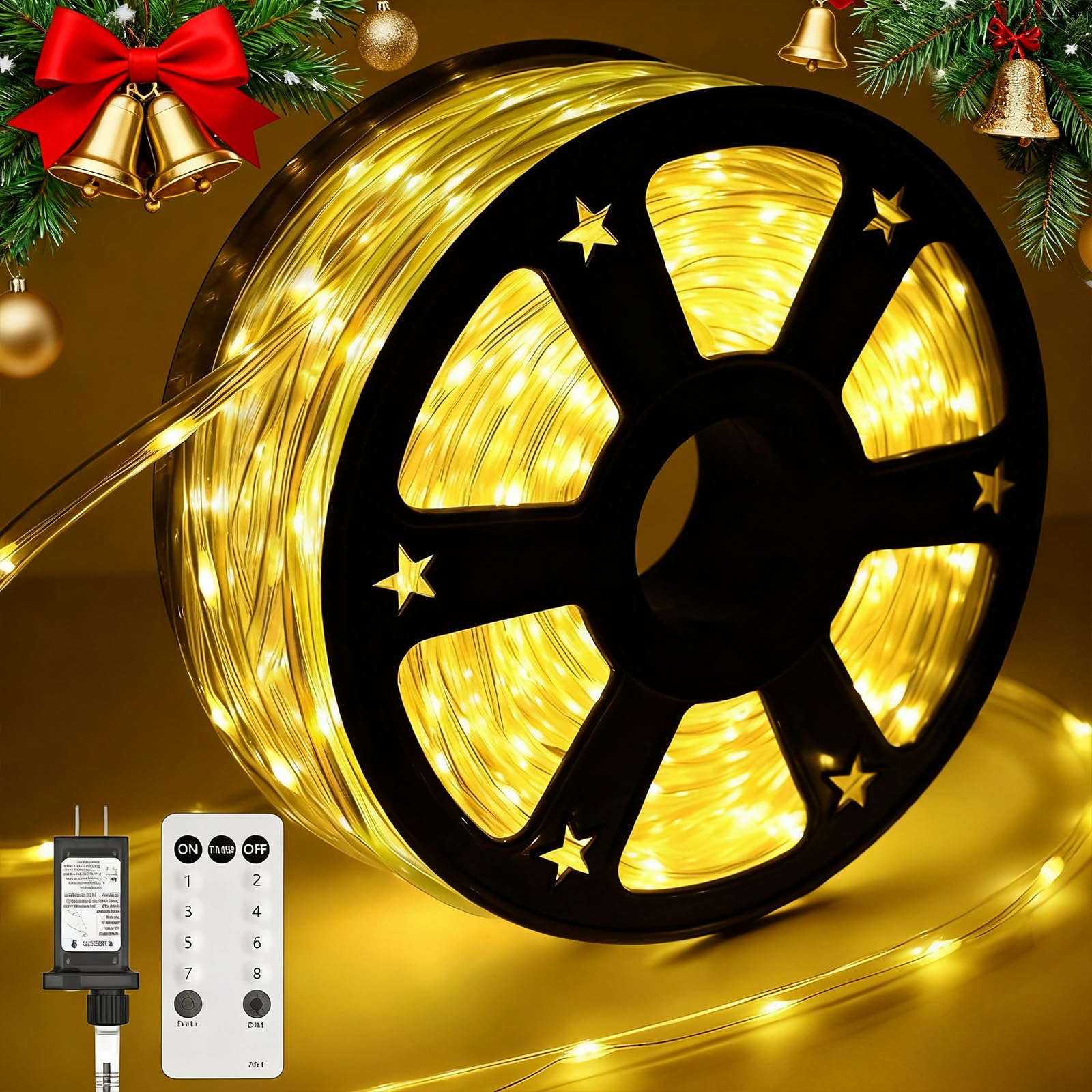 100FT 720 LED Christmas Rope Lights Outdoor Waterproof with Remote, 8 Modes and 4 Brightness, Rope Lights for Outside, Bedroom, Patio, Garden, Indoor Outdoor Decoration (Warm White)