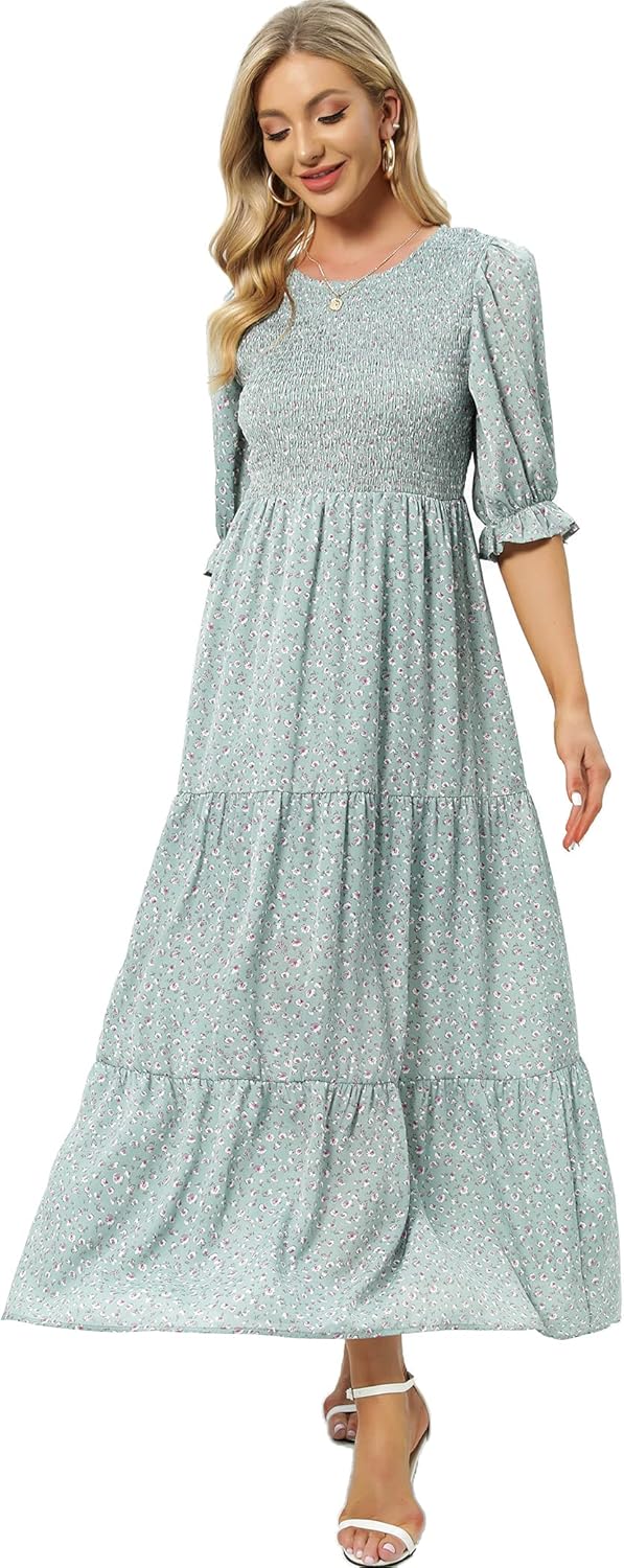 Womens Summer Casual Half Sleeve Bohemian Floral Tiered Maxi Dress - Image 5