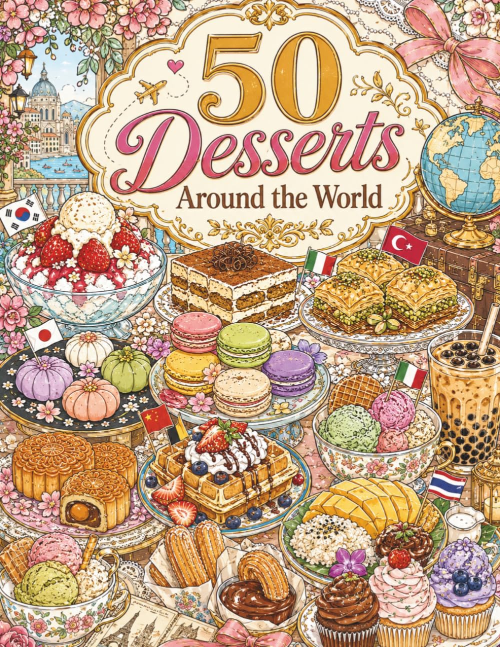 50 Desserts around the world: Bold and Easy Cafe Aesthetic Line Art with Cakes, Pastries, and Sweet Treats for Adults and Teens