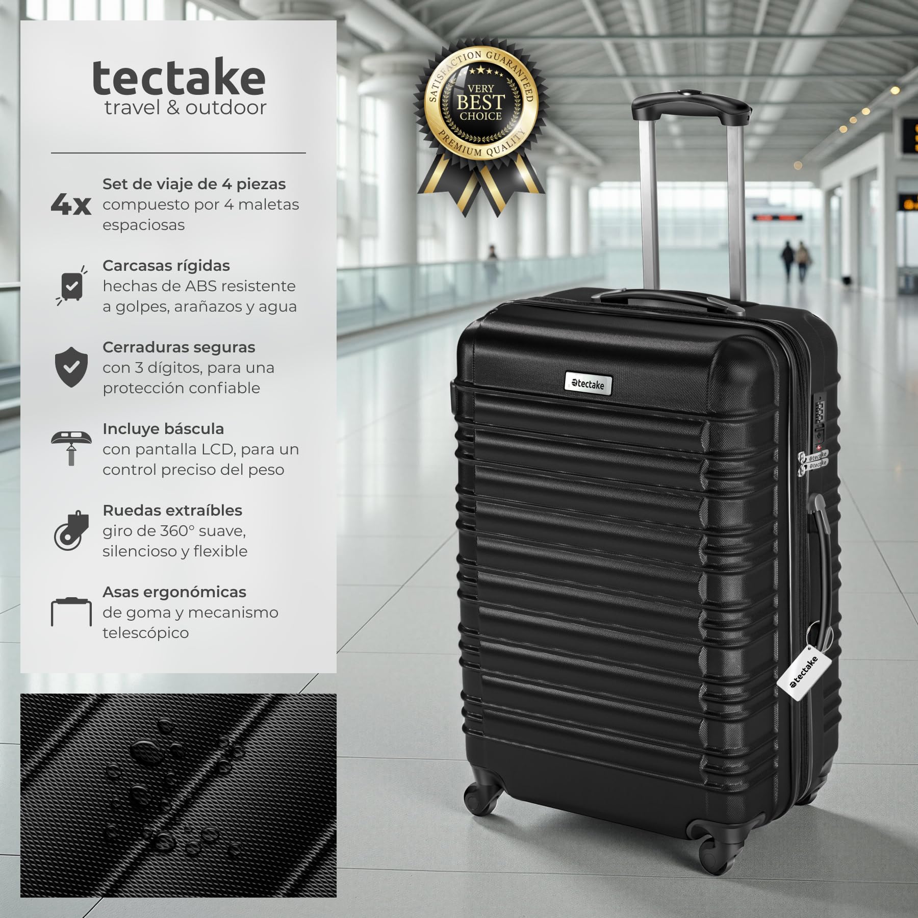 tectake® Juego de 4 Maletas Rígidas en ABS, con Báscula y Etiquetas de Equipaje, Set de Maletas de Viaje con Ruedas de 360º y Asa Telescópica, Cerradura de Combinación, Apilables Entre sí - Negro