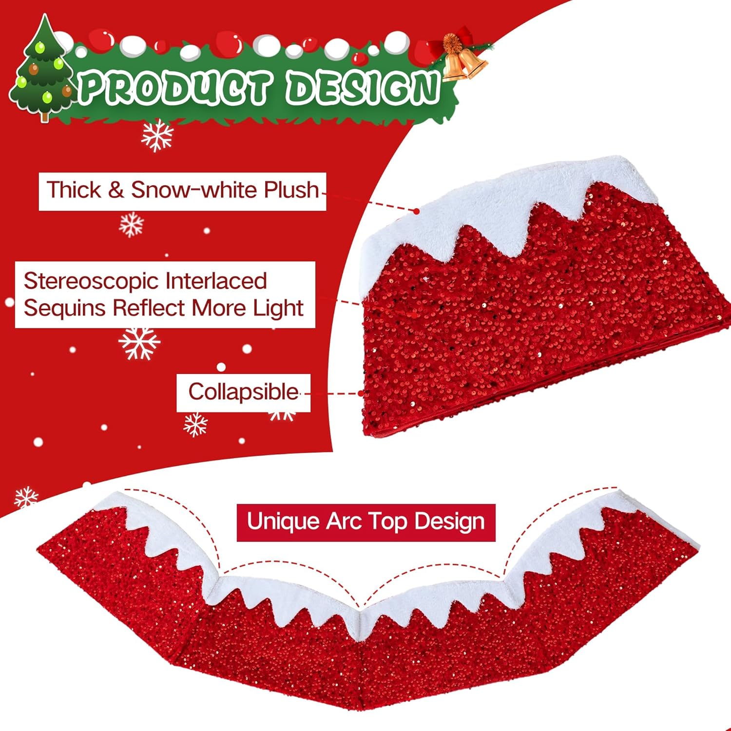 Christmas Tree Collar 24 inch Sequin Tree Skirt, Xmas Tree Square Stand Base Cover for Christmas Artificial Tree Holiday Home Decor, Snow Mountain, Red