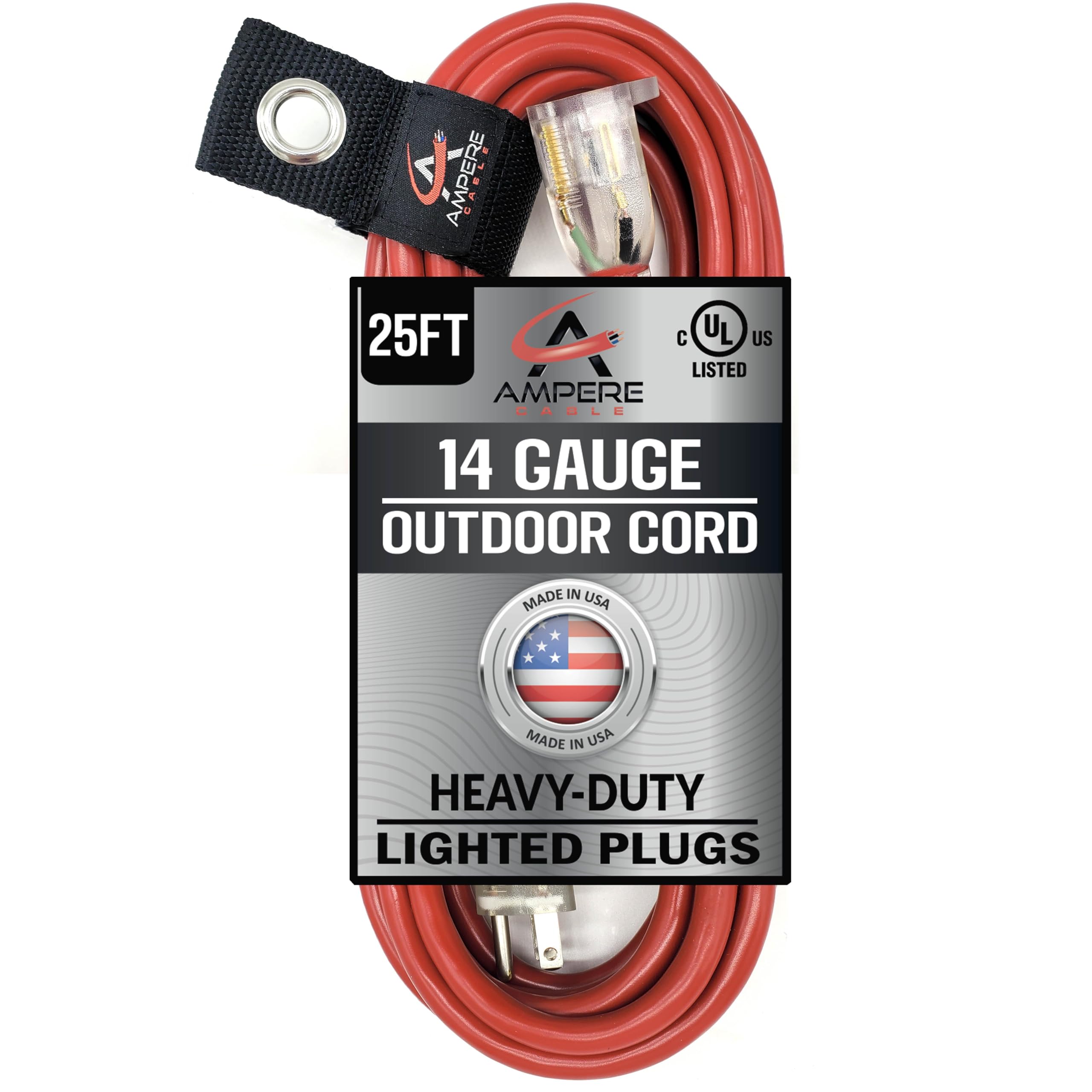 15 ft - 14 Gauge Extension Cord Outdoor - Made in USA - Lighted on Both Ends - Red Outdoor Extension Cord Waterproof by Anthem Cable - Heavy Duty Extension Cord