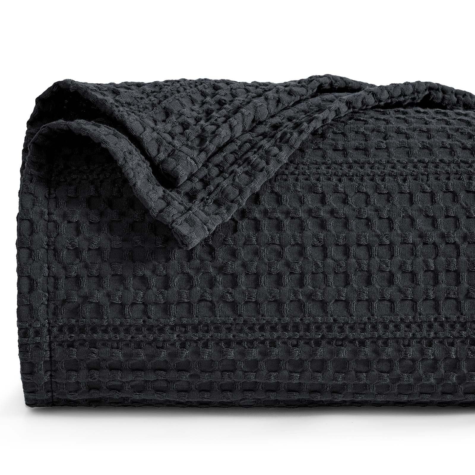 phf lightweight waffle weave blanket king size 104"x 90", soft woven summer blanket for hot sleepers - aesthetic home decor for couch bed sofa, pet friendly, black