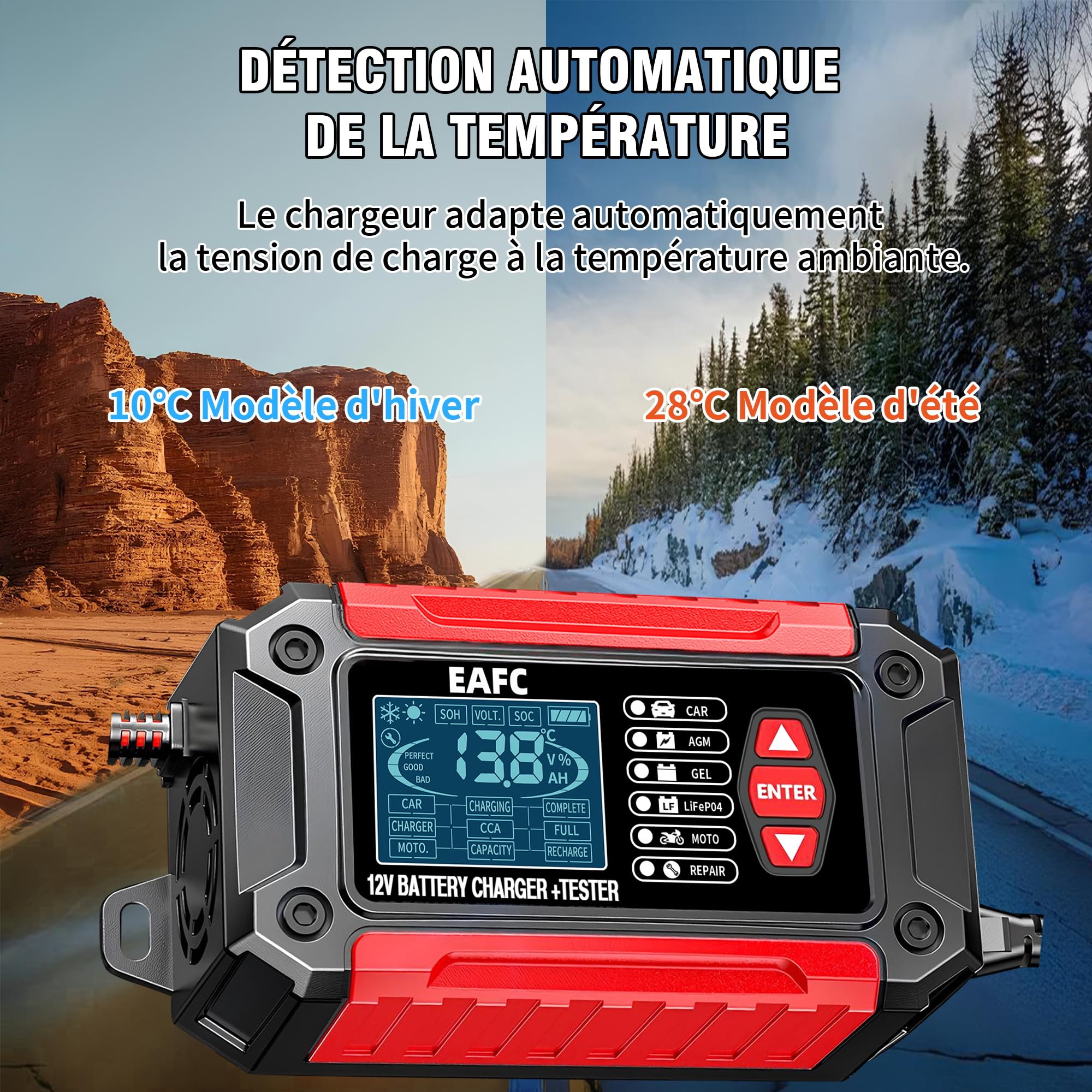 Testeur de Batterie de Voiture et Chargeur de Voiture Tout-en-Un EAFC12V6A Testeur de Batterie Chargeur pour Moto, Camion, AGM LiFePO4 Outil de Diagnostic de Batterie