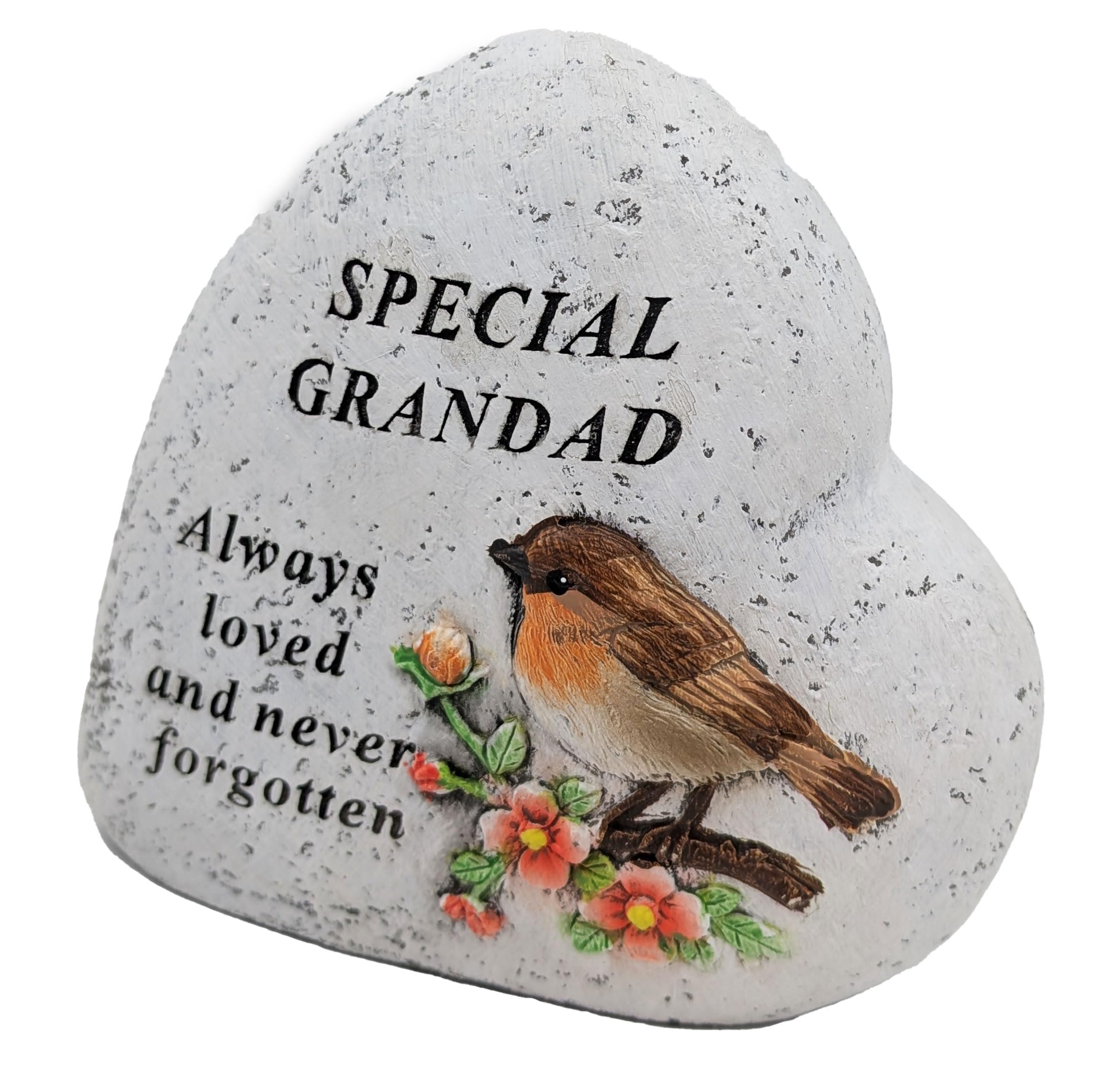 Grandad Memorial Heart Ornament with Robin and Floral Stone Effect Plaque