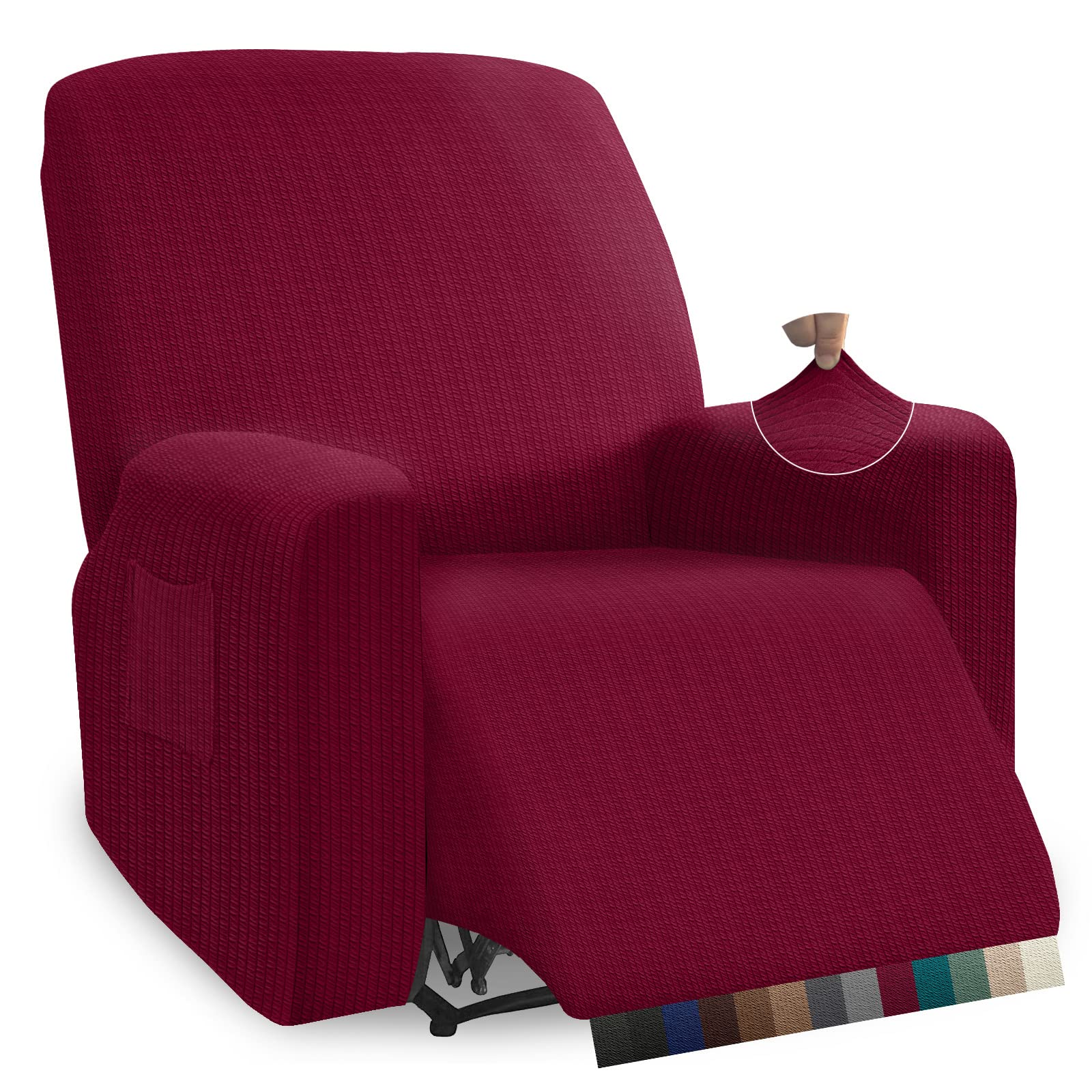 GranbestHigh Stretch Recliner Chair Cover Thick Recliner Cover with Elastic Bottom Recliner Slipcover with Pockets (Wine Red)