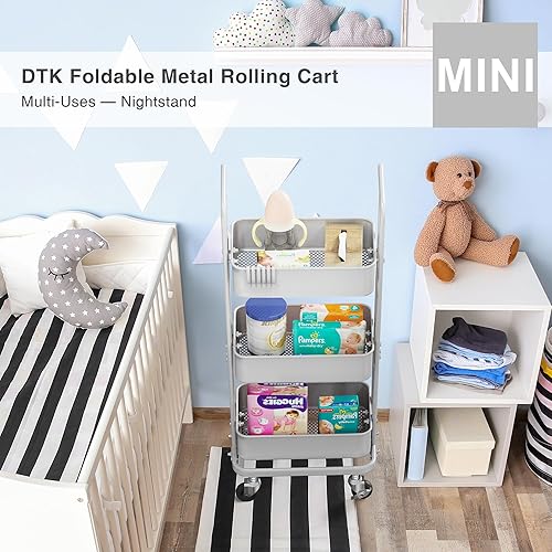 Miniatura 2 de DTK Mini carrito plegable de 3 niveles, carrito utilitario de metal con ruedas bloqueables, carrito de almacenamiento plegable para sala de estar,