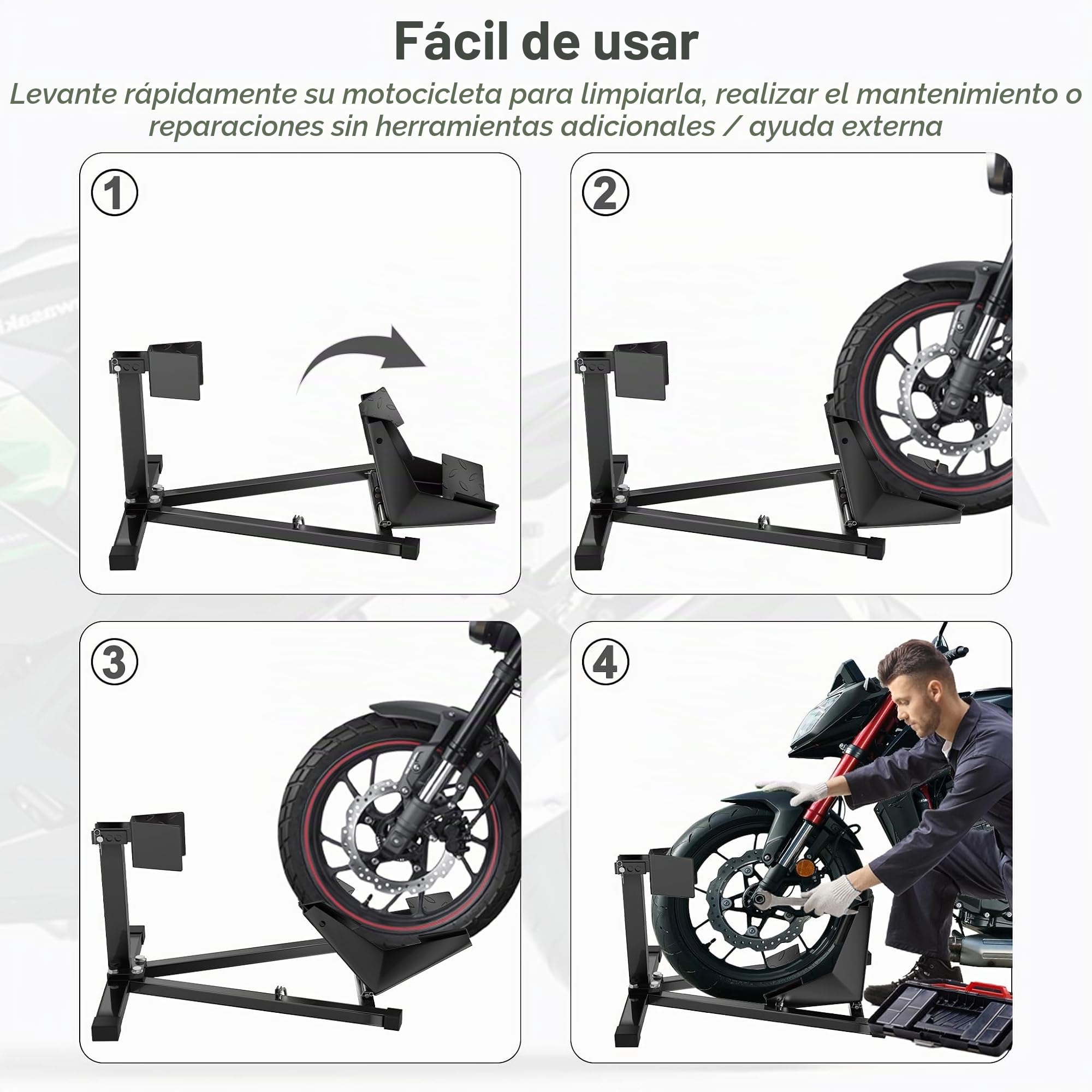 UISEBRT Soporte de acero para rueda delantera de motocicleta – Soporte de montaje para neumáticos de 17"- 21" tamaño y 90-130 mm de ancho - con pies de goma antideslizantes, dimensiones: 620 x 460 x