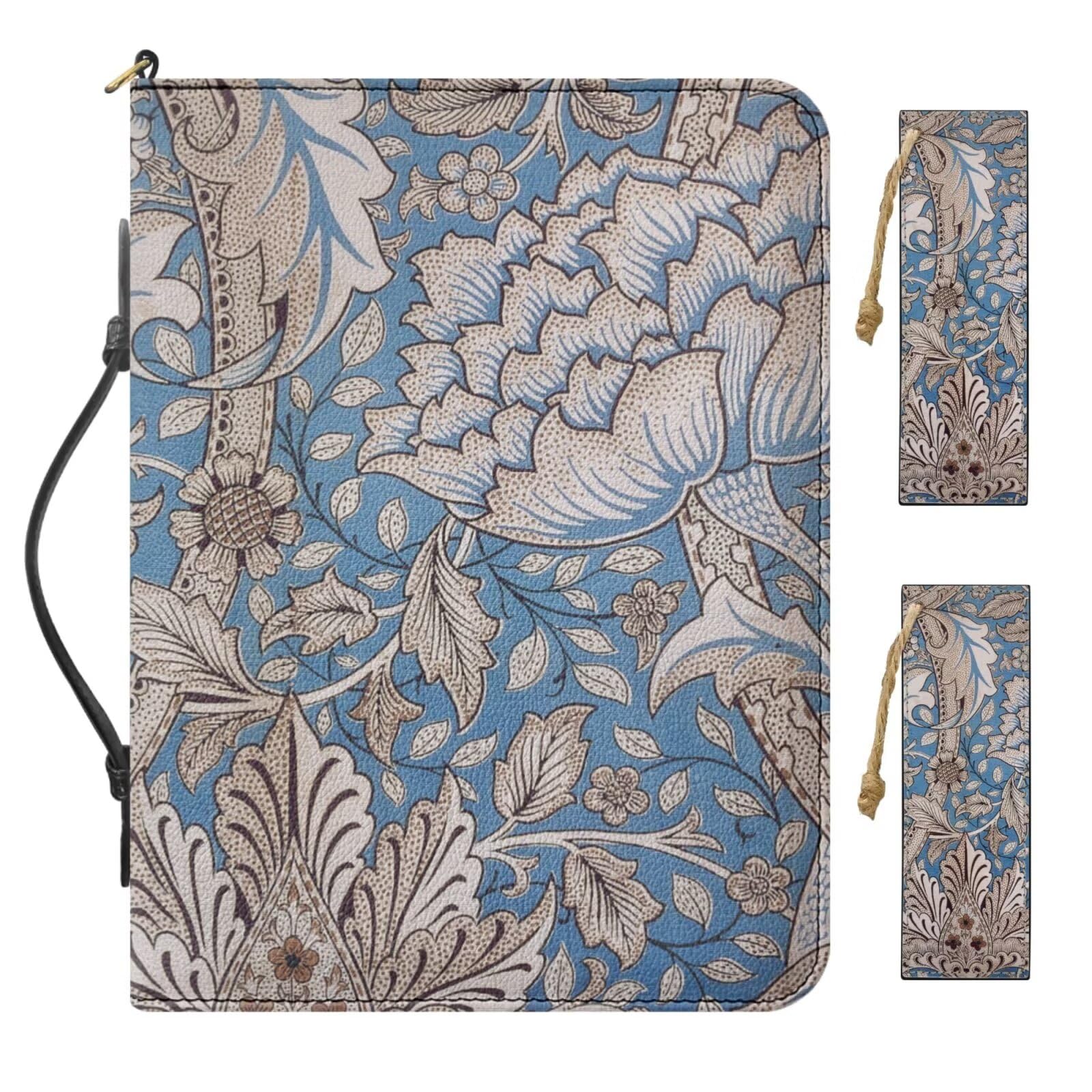 Buxolandt Small PU Leather Bible Cover Case for Women, Comes with 2 Leather Bookmarks, Blue Bible Case with Handle Built-in Pocket Pen Slots, Work of William Morris Printed Bible Study Gifts โ image 1